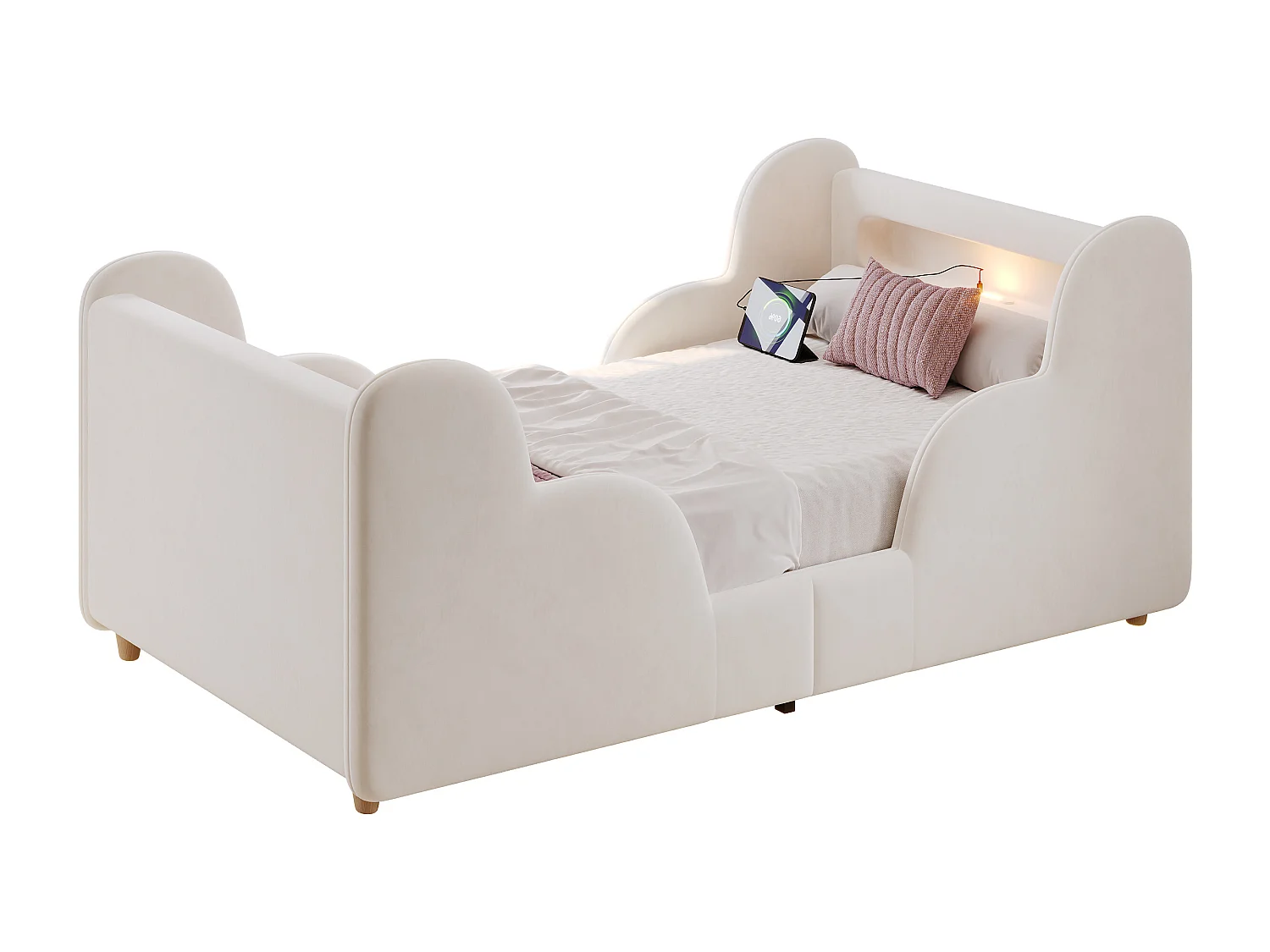 Lit enfant capitonné 90x200 cm - avec barrières de sécurité - Pieds en bois massif - Tissu Velours - Beige (Matelas non inclus)