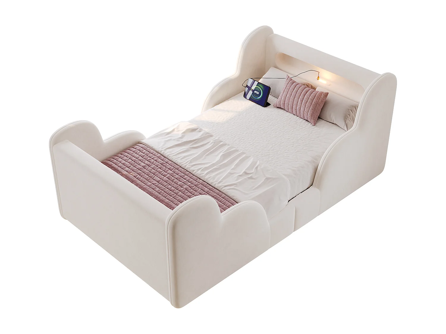Lit enfant capitonné 90x200 cm - avec barrières de sécurité - Pieds en bois massif - Tissu Velours - Beige (Matelas non inclus)