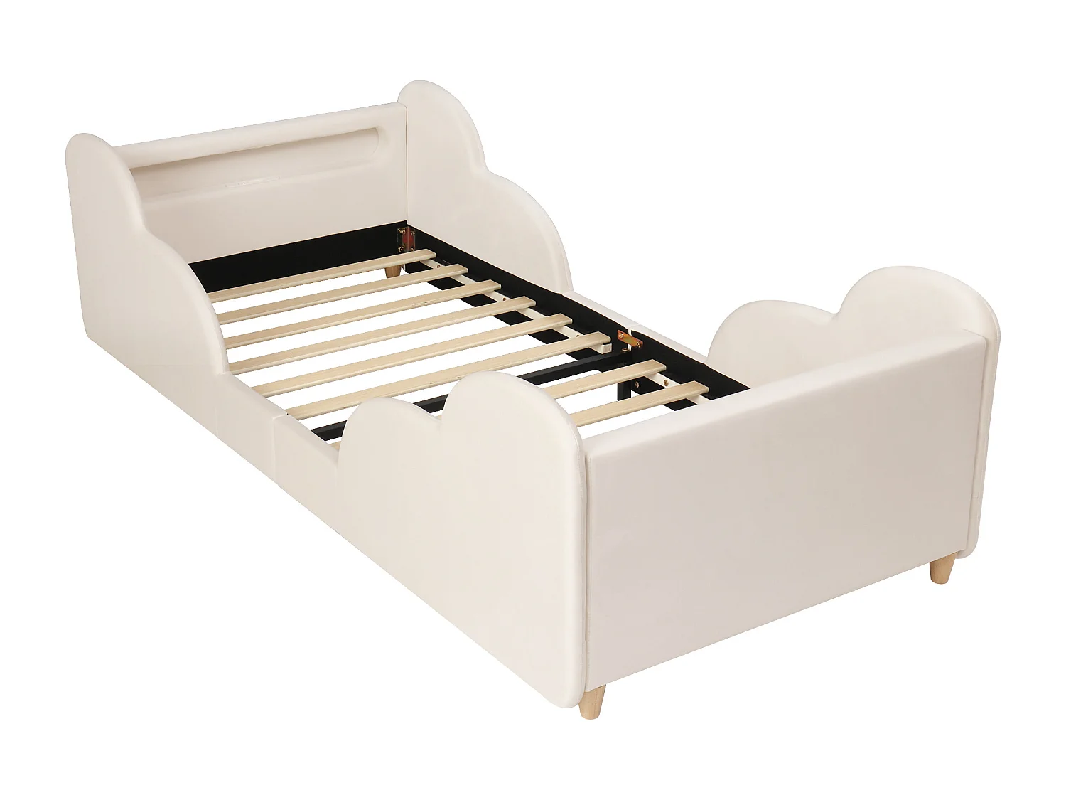 Lit enfant capitonné 90x200 cm - avec barrières de sécurité - Pieds en bois massif - Tissu Velours - Beige (Matelas non inclus)
