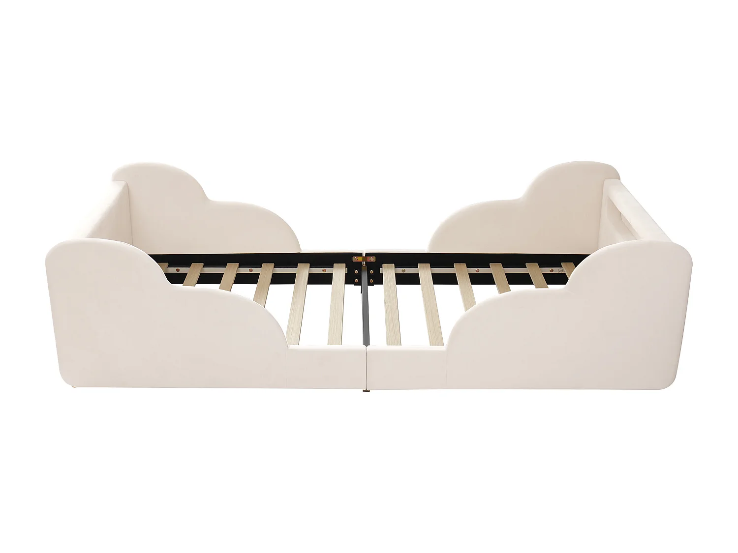 Lit enfant capitonné 90x200 cm - avec barrières de sécurité - Pieds en bois massif - Tissu Velours - Beige (Matelas non inclus)