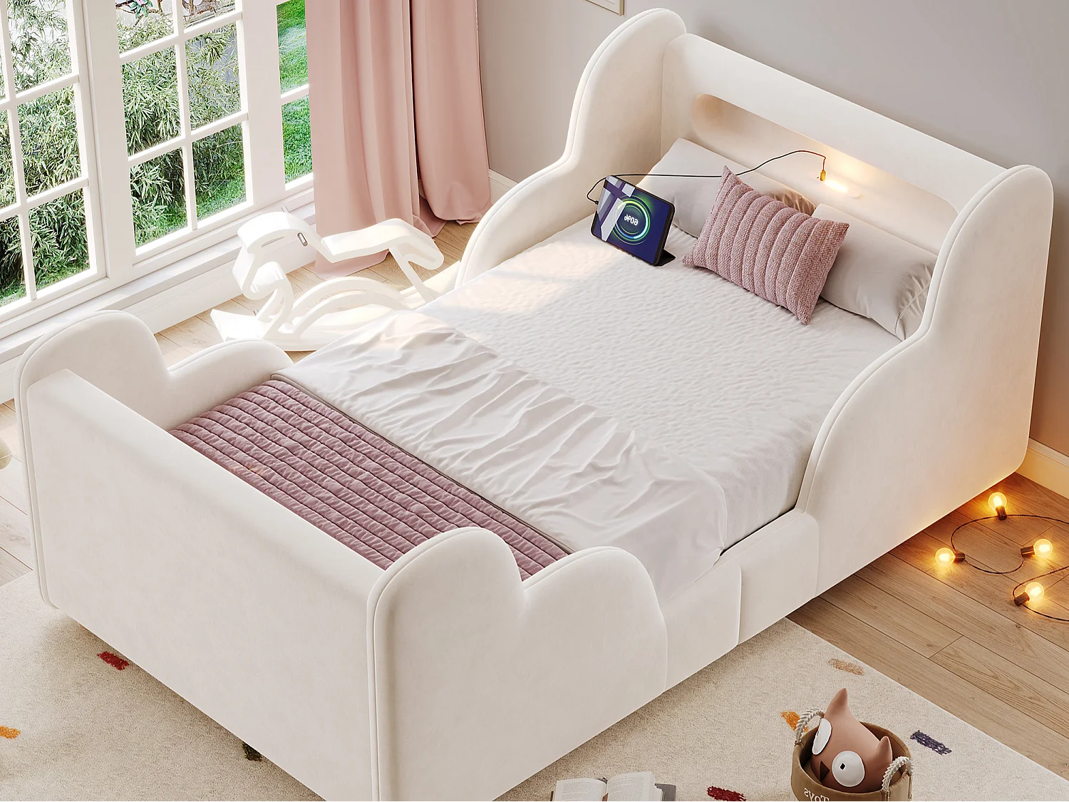 Lit enfant capitonné 90x200 cm - avec barrières de sécurité - Pieds en bois massif - Tissu Velours - Beige (Matelas non inclus)