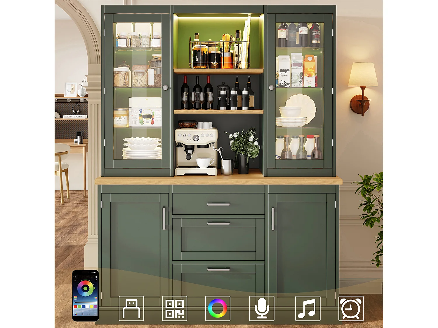 Buffet de Cuisine 140x185cm avec LED, Armoire de Rangement avec Plan de Travail, 3 Tiroirs et Portes en Verre - Vert