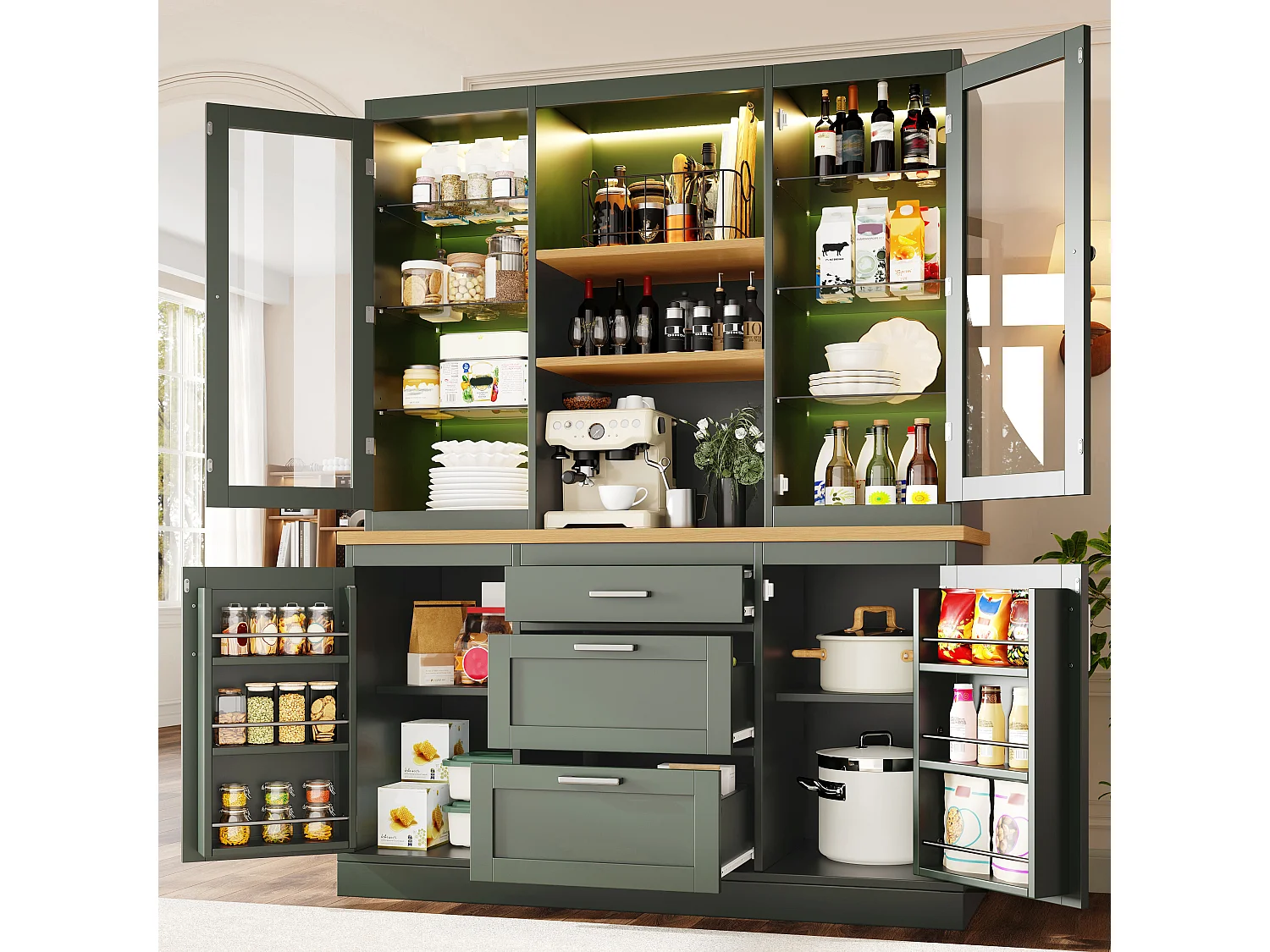 Buffet de Cuisine 140x185cm avec LED, Armoire de Rangement avec Plan de Travail, 3 Tiroirs et Portes en Verre - Vert