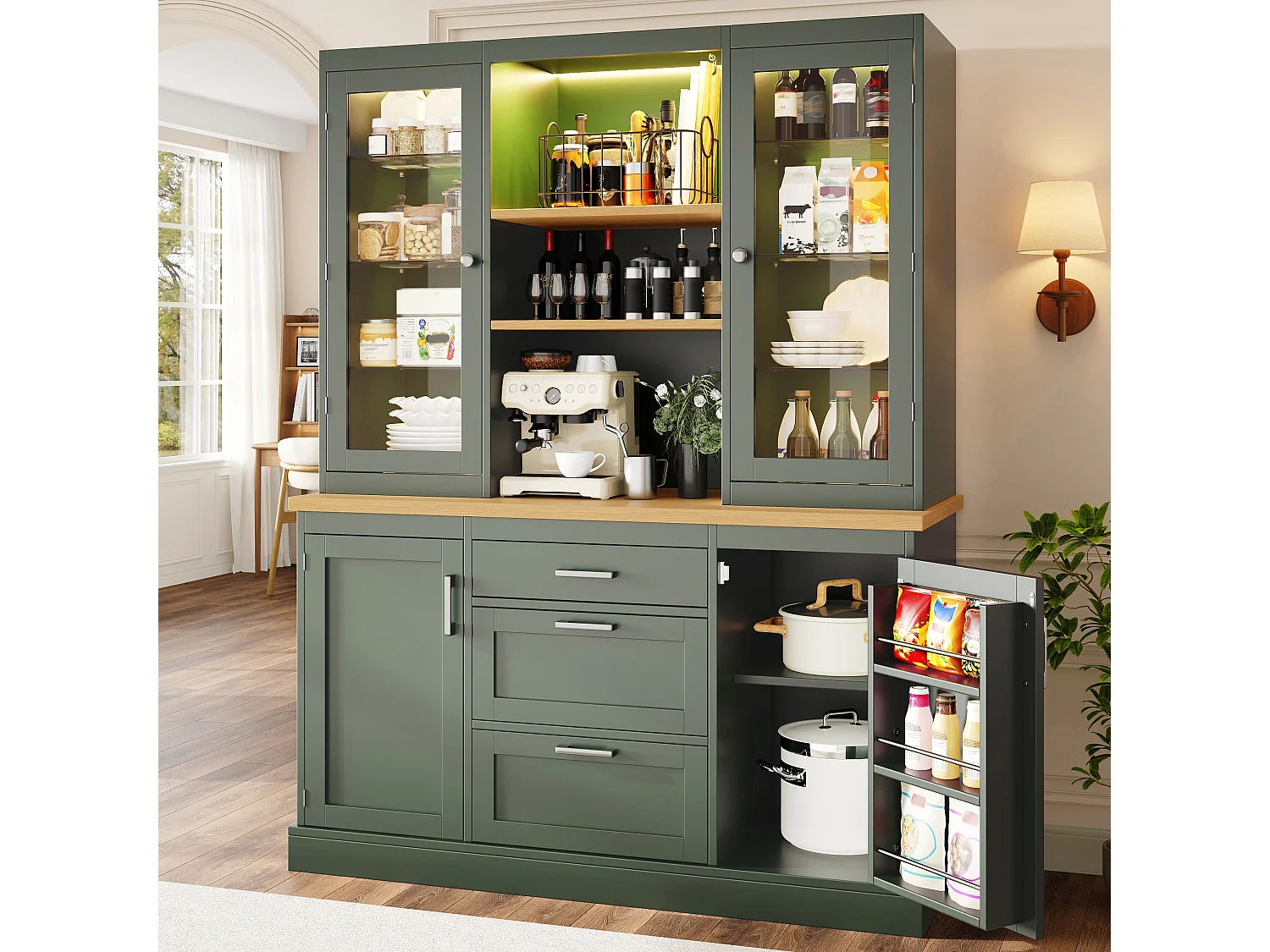 Buffet de Cuisine 140x185cm avec LED, Armoire de Rangement avec Plan de Travail, 3 Tiroirs et Portes en Verre - Vert