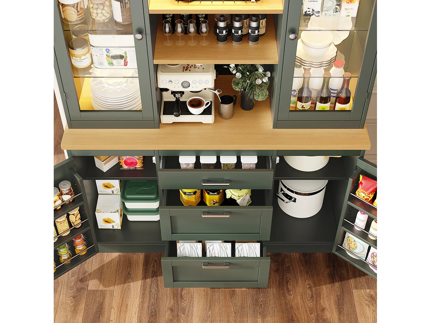 Buffet de Cuisine 140x185cm avec LED, Armoire de Rangement avec Plan de Travail, 3 Tiroirs et Portes en Verre - Vert