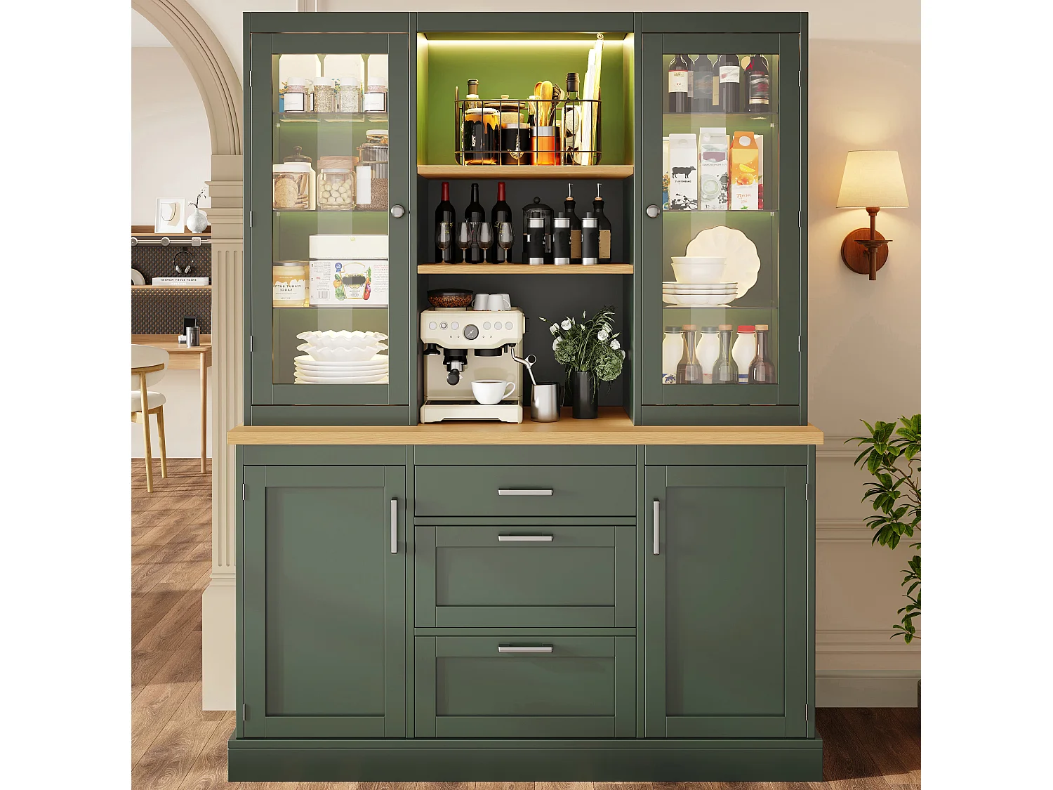 Buffet de Cuisine 140x185cm avec LED, Armoire de Rangement avec Plan de Travail, 3 Tiroirs et Portes en Verre - Vert