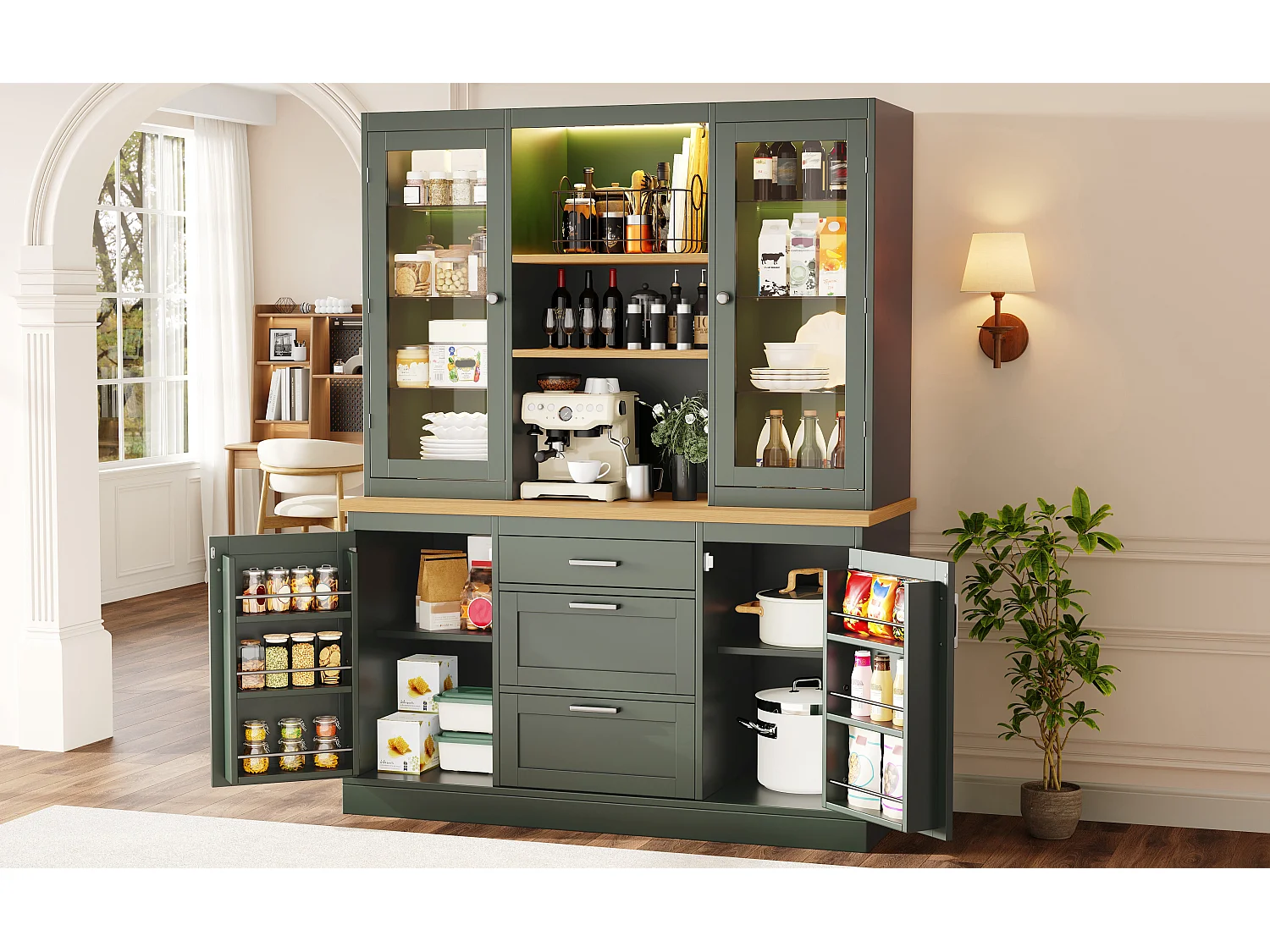 Buffet de Cuisine 140x185cm avec LED, Armoire de Rangement avec Plan de Travail, 3 Tiroirs et Portes en Verre - Vert