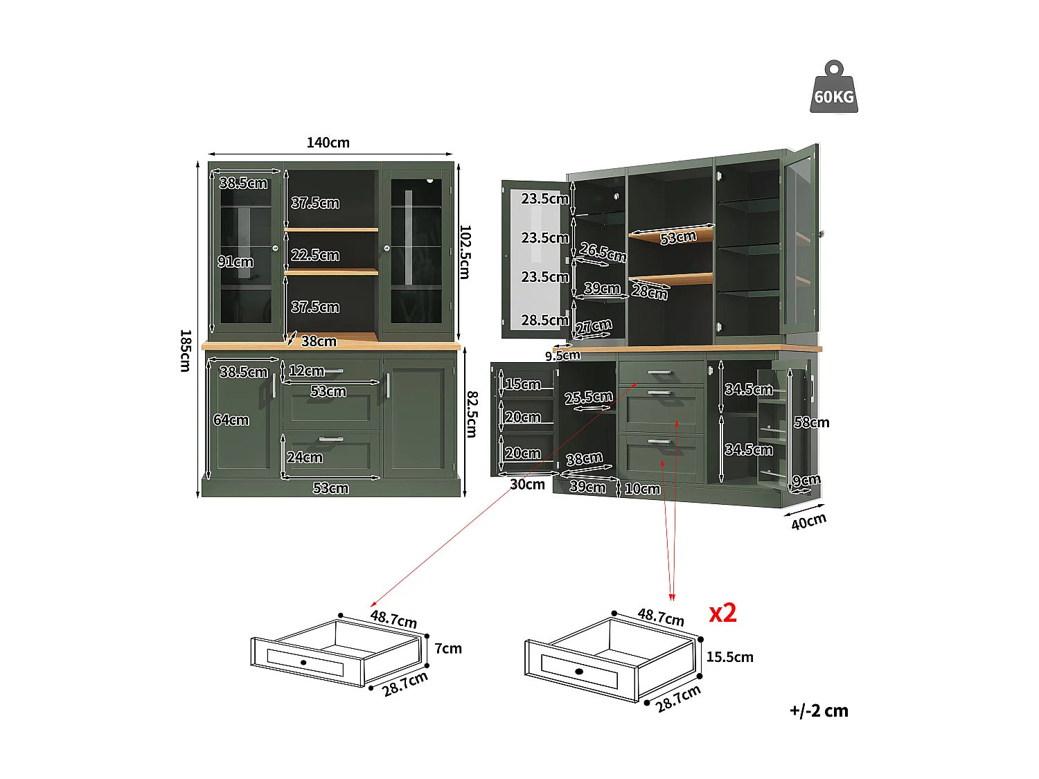 Buffet de Cuisine 140x185cm avec LED, Armoire de Rangement avec Plan de Travail, 3 Tiroirs et Portes en Verre - Vert