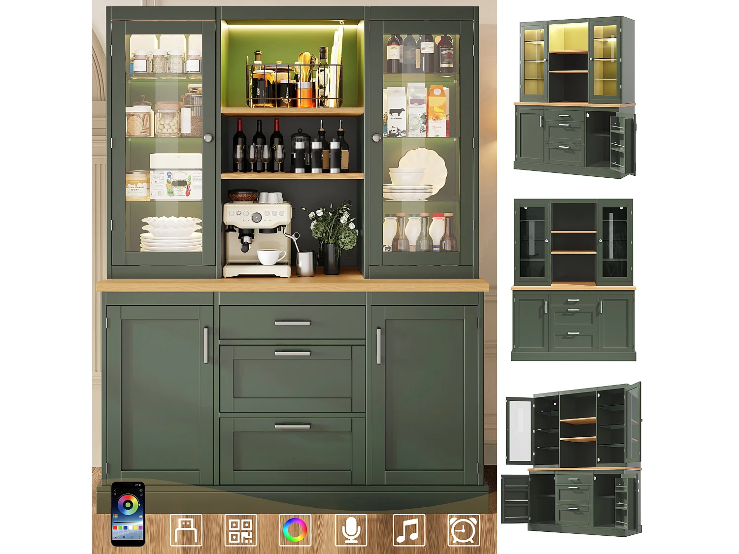Buffet de Cuisine 140x185cm avec LED, Armoire de Rangement avec Plan de Travail, 3 Tiroirs et Portes en Verre - Vert