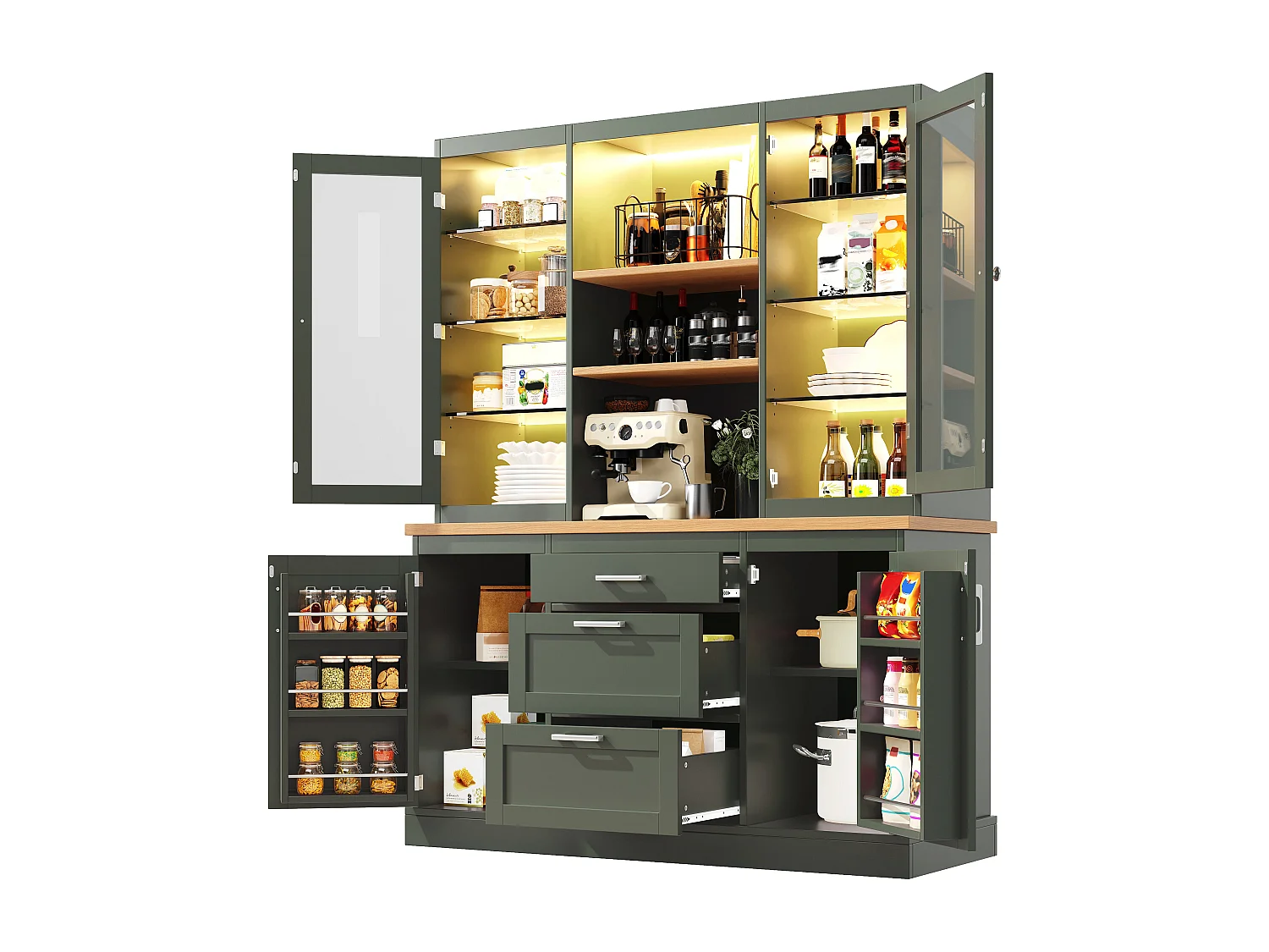 Buffet de Cuisine 140x185cm avec LED, Armoire de Rangement avec Plan de Travail, 3 Tiroirs et Portes en Verre - Vert