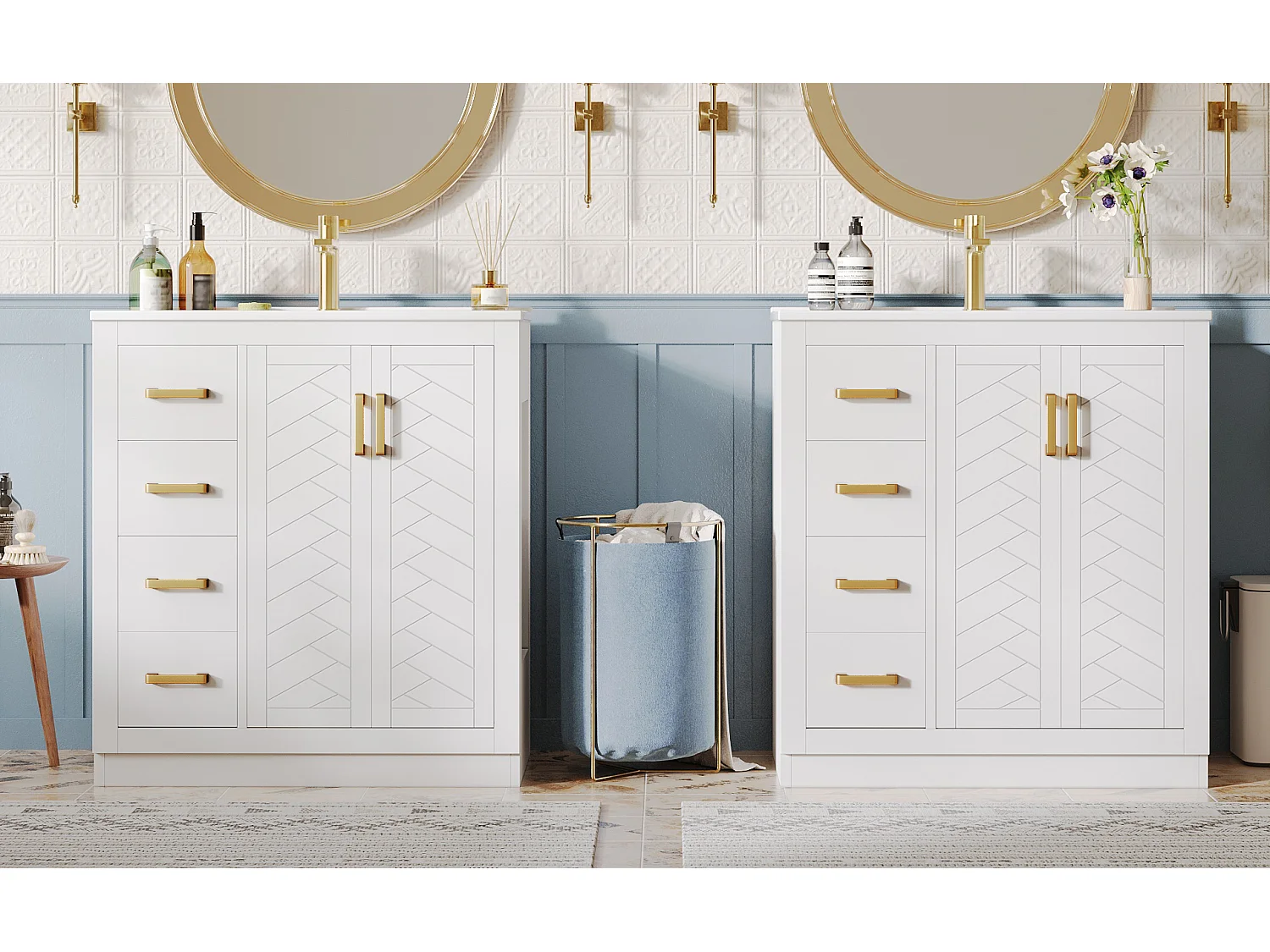 Lot de 2 Meubles de Salle de Bain avec Vasques en Céramique - Doubles Tiroirs, Étagères et Portes Soft-Close - Blanc