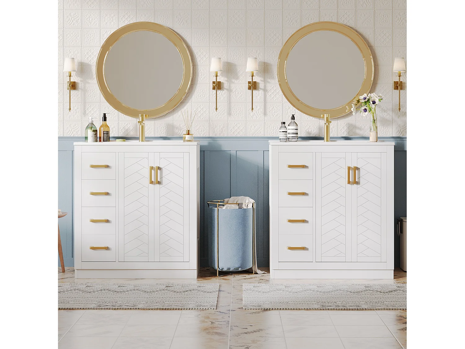 Lot de 2 Meubles de Salle de Bain avec Vasques en Céramique - Doubles Tiroirs, Étagères et Portes Soft-Close - Blanc