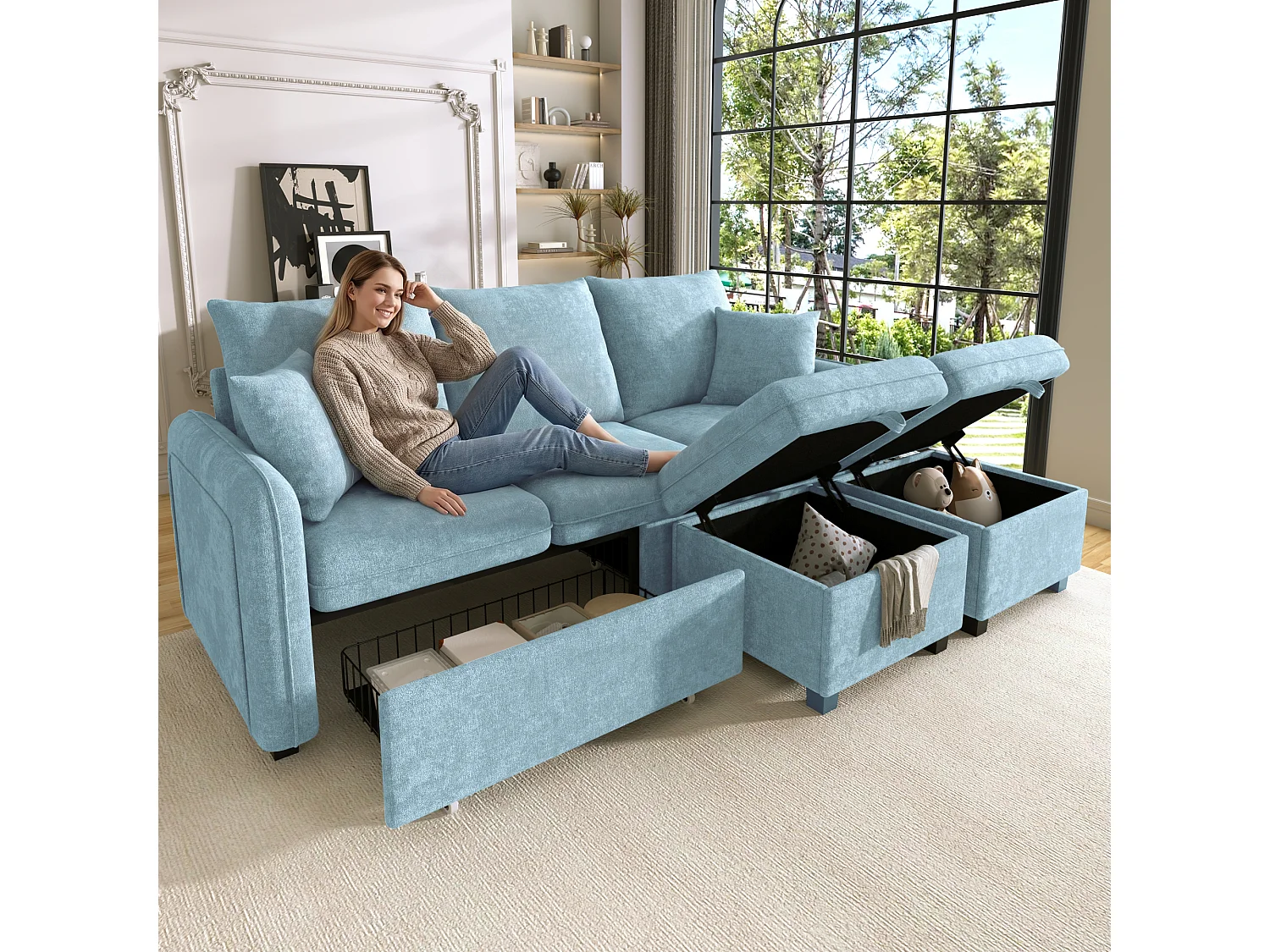 Modulares 3-Sitzer-Sofa aus Chenille - mit 2 Aufbewahrungshockern und Schublade - geeignet für kleine Wohnungen - Blau