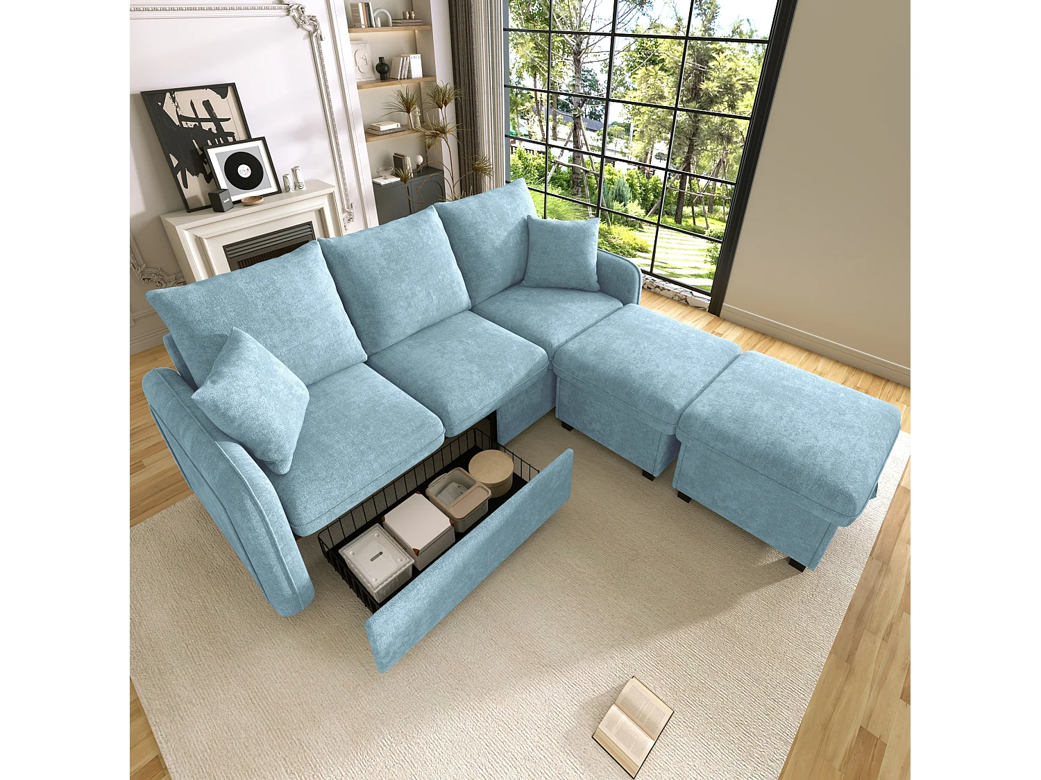 Modulares 3-Sitzer-Sofa aus Chenille - mit 2 Aufbewahrungshockern und Schublade - geeignet für kleine Wohnungen - Blau