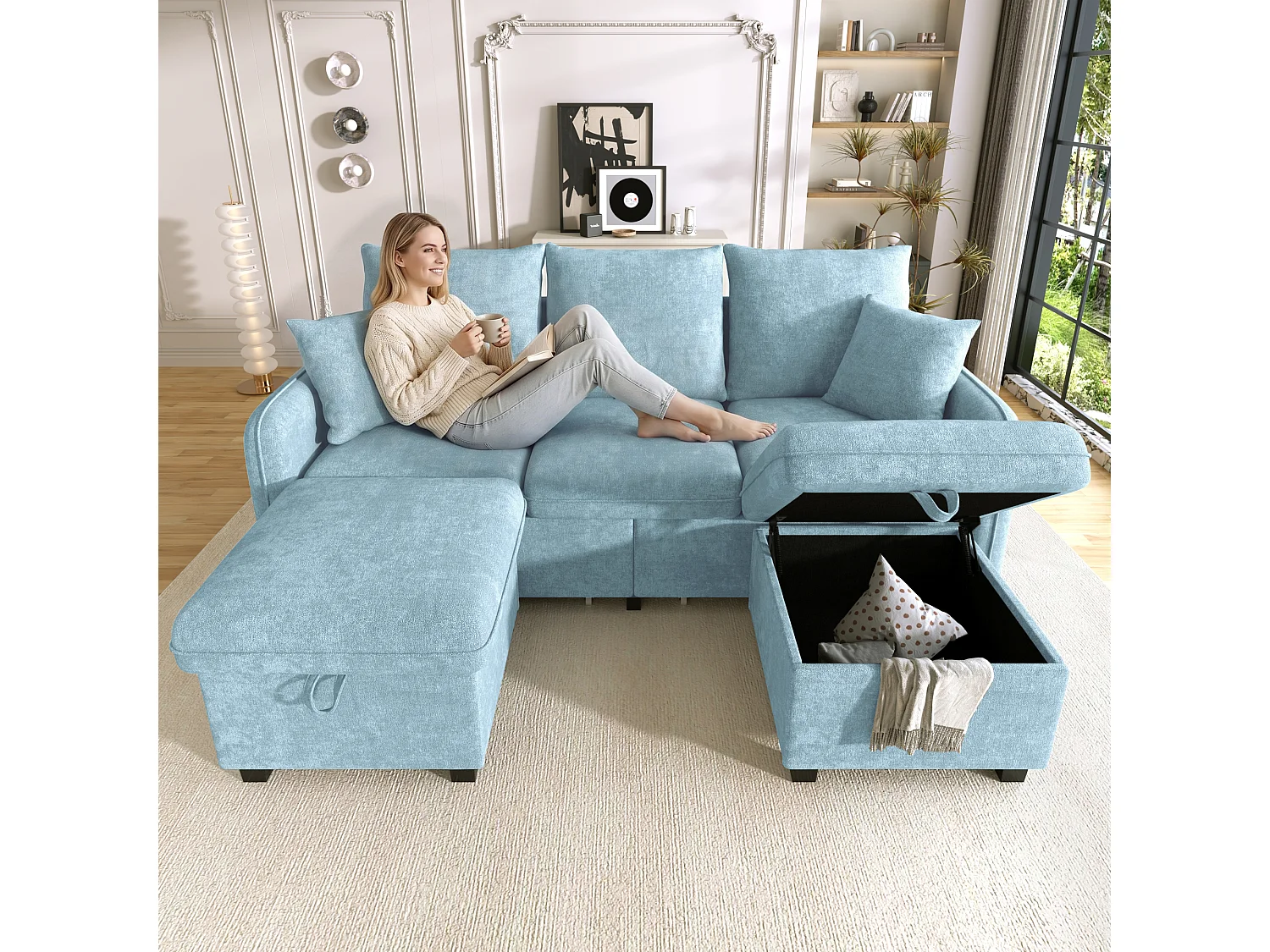 Modulares 3-Sitzer-Sofa aus Chenille - mit 2 Aufbewahrungshockern und Schublade - geeignet für kleine Wohnungen - Blau