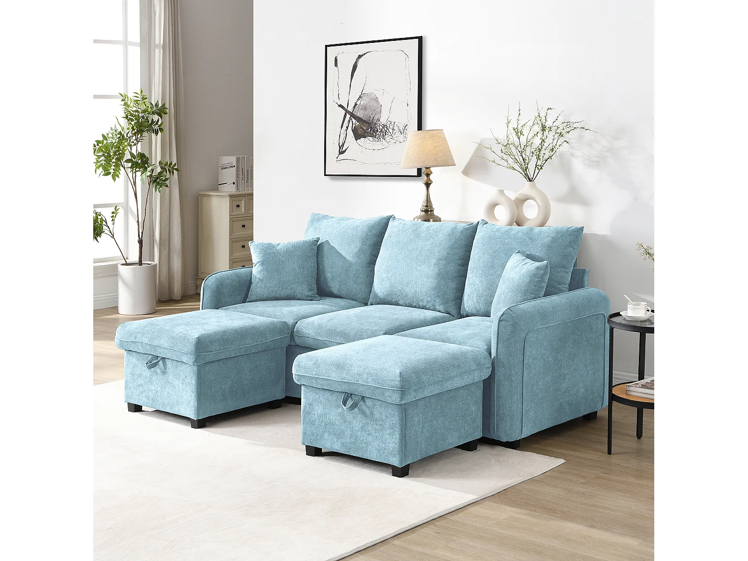 Modulares 3-Sitzer-Sofa aus Chenille - mit 2 Aufbewahrungshockern und Schublade - geeignet für kleine Wohnungen - Blau