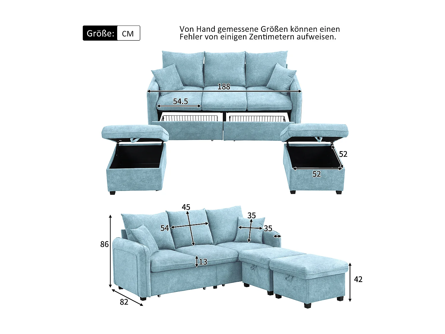 Modulares 3-Sitzer-Sofa aus Chenille - mit 2 Aufbewahrungshockern und Schublade - geeignet für kleine Wohnungen - Blau