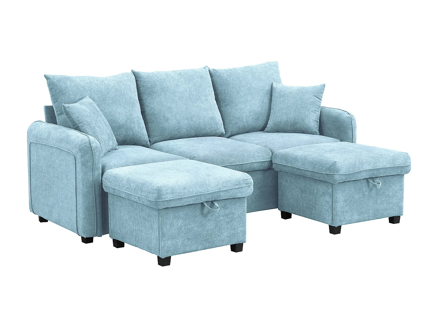 Modulares 3-Sitzer-Sofa aus Chenille - mit 2 Aufbewahrungshockern und Schublade - geeignet für kleine Wohnungen - Blau