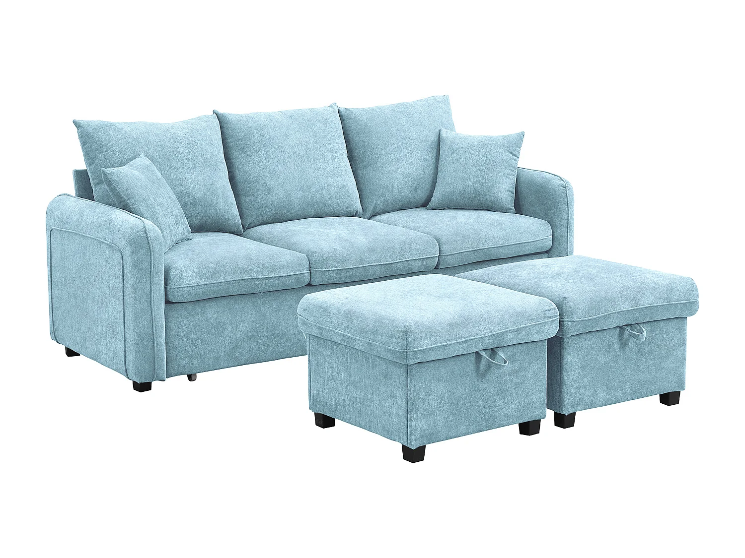 Modulares 3-Sitzer-Sofa aus Chenille - mit 2 Aufbewahrungshockern und Schublade - geeignet für kleine Wohnungen - Blau