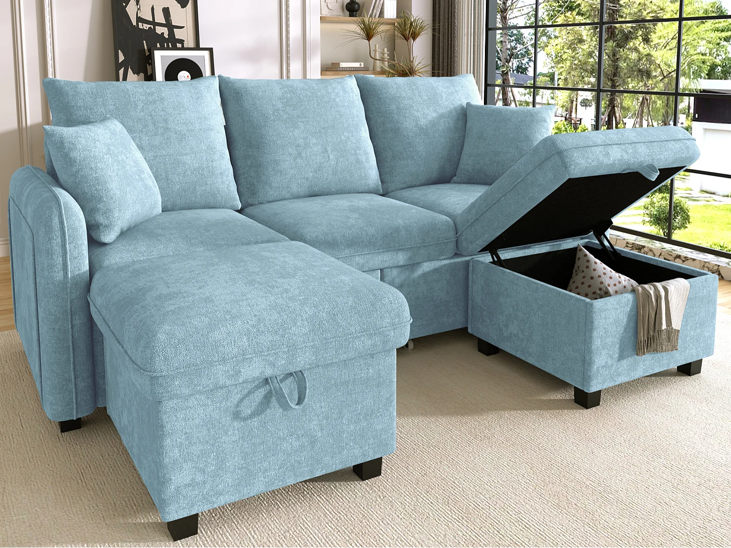 Modulares 3-Sitzer-Sofa aus Chenille - mit 2 Aufbewahrungshockern und Schublade - geeignet für kleine Wohnungen - Blau