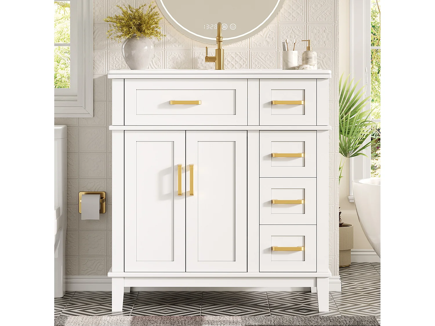 Meuble de Salle de Bain 76cm avec Vasque en Céramique, avec 3 Tiroirs Spéciaux et Portes Soft-Close - Blanc