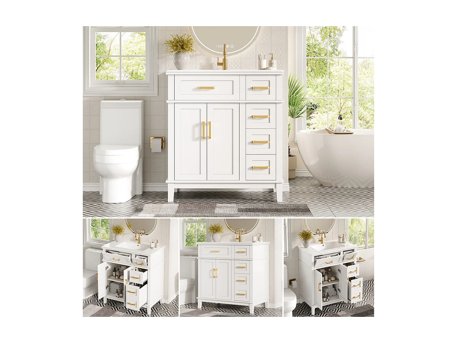 Meuble de Salle de Bain 76cm avec Vasque en Céramique, avec 3 Tiroirs Spéciaux et Portes Soft-Close - Blanc