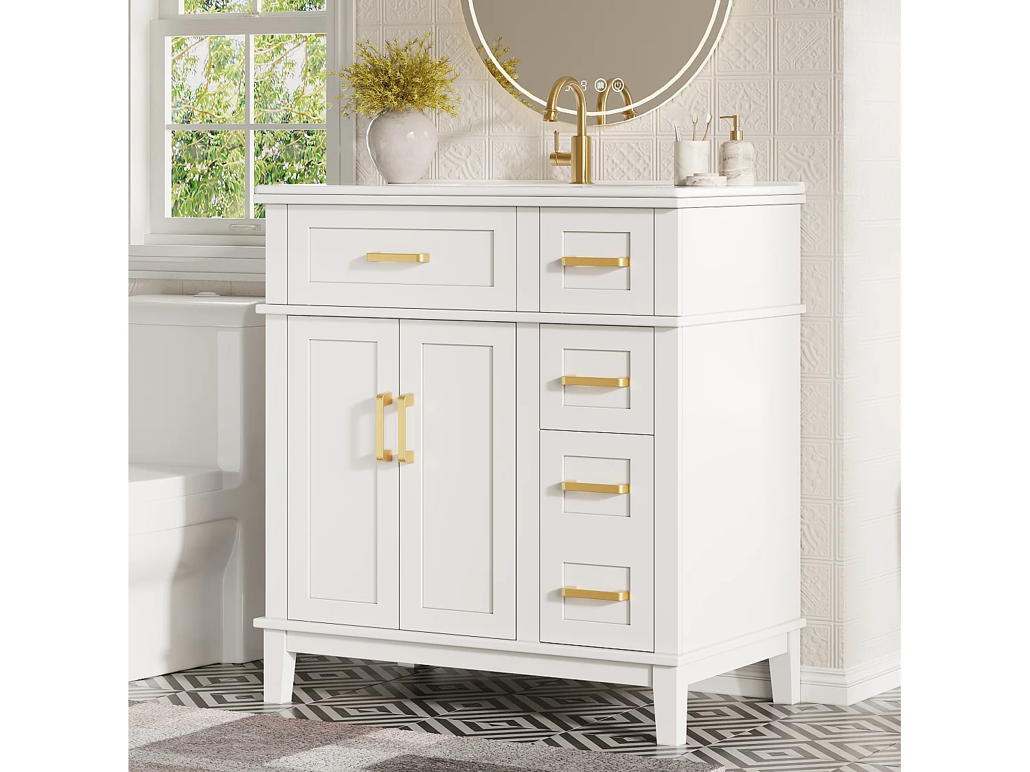 Meuble de Salle de Bain 76cm avec Vasque en Céramique, avec 3 Tiroirs Spéciaux et Portes Soft-Close - Blanc