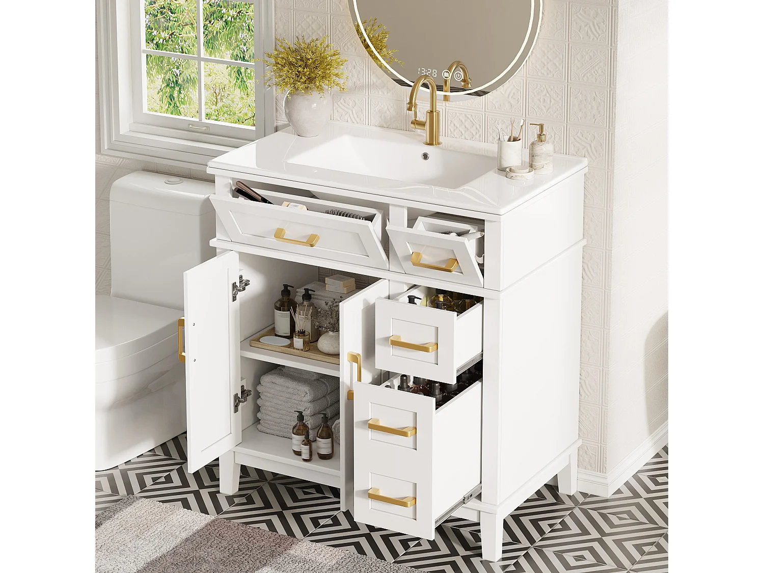 Meuble de Salle de Bain 76cm avec Vasque en Céramique, avec 3 Tiroirs Spéciaux et Portes Soft-Close - Blanc