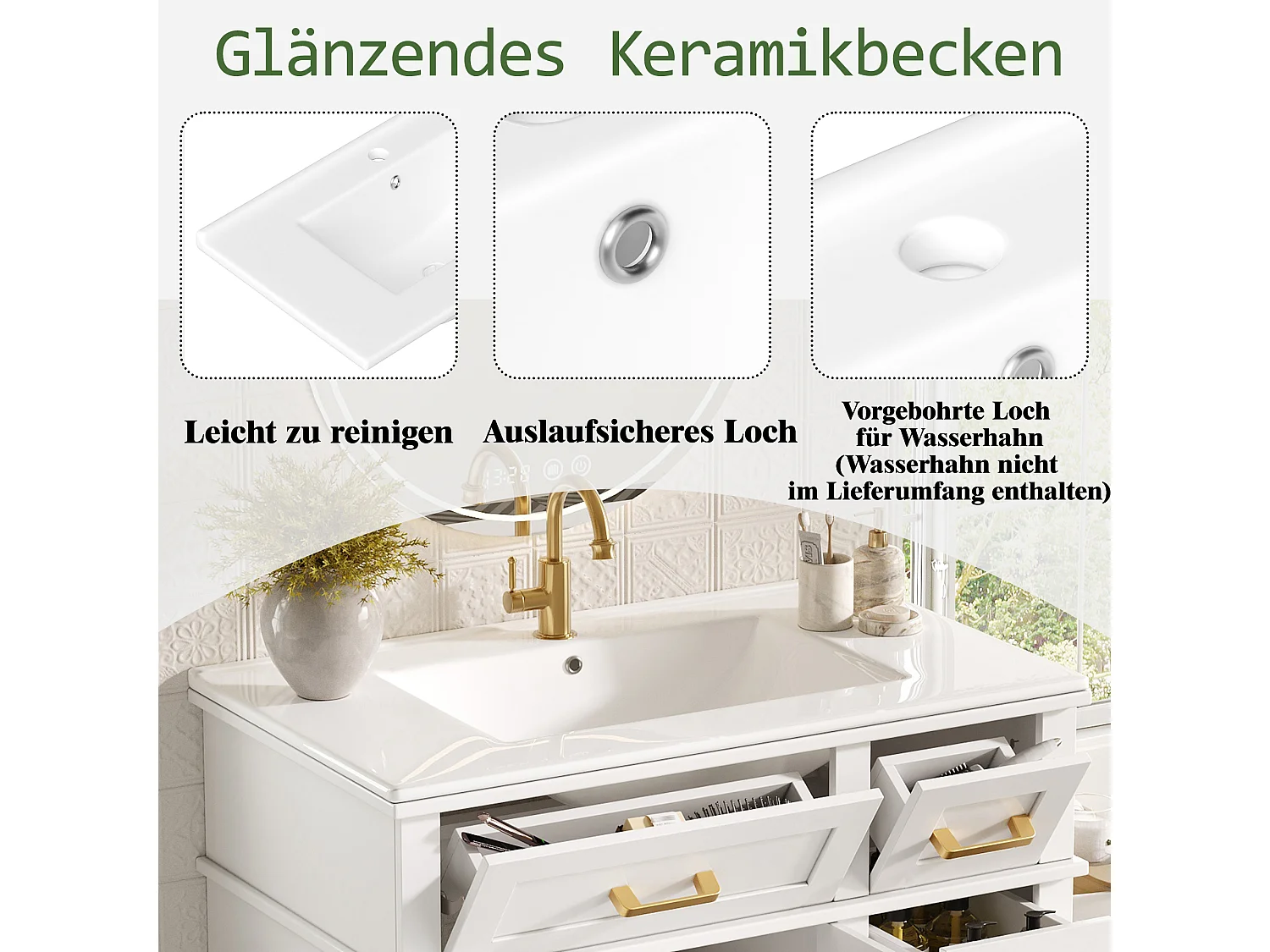 Meuble de Salle de Bain 76cm avec Vasque en Céramique, avec 3 Tiroirs Spéciaux et Portes Soft-Close - Blanc