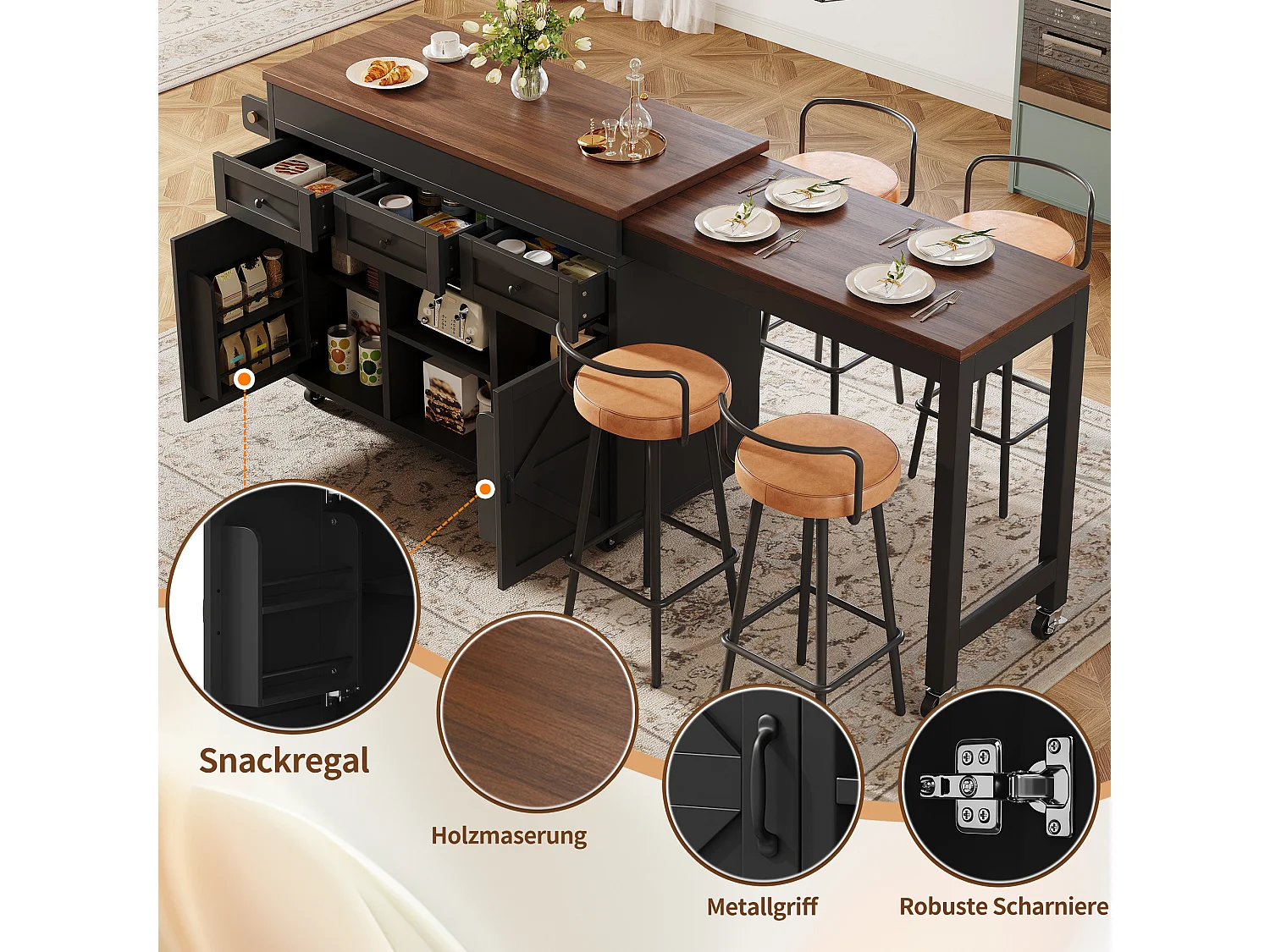 Uitschuifbaar keukeneiland 131-210 cm, bartafel met 3 laden en 2 kasten - zwart