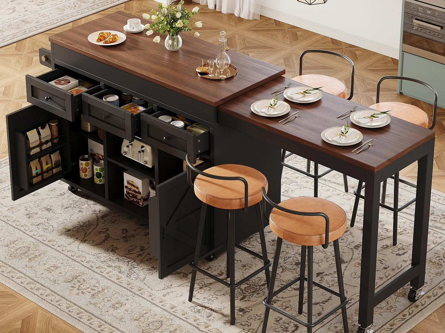 Isola da cucina estensibile 131-210 cm, tavolo bar con 3 cassetti e 2 armadietti - nero