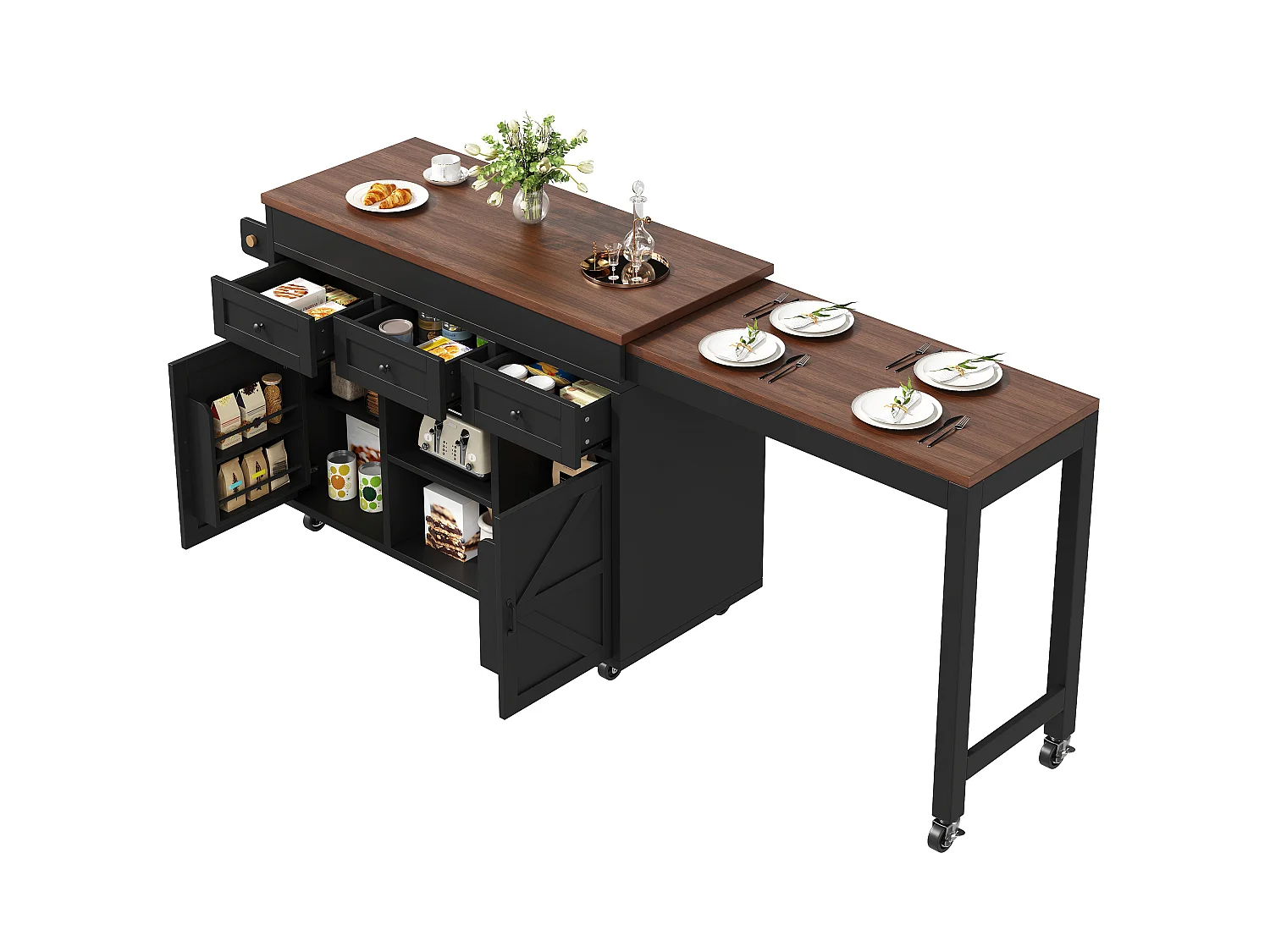 Isola da cucina estensibile 131-210 cm, tavolo bar con 3 cassetti e 2 armadietti - nero