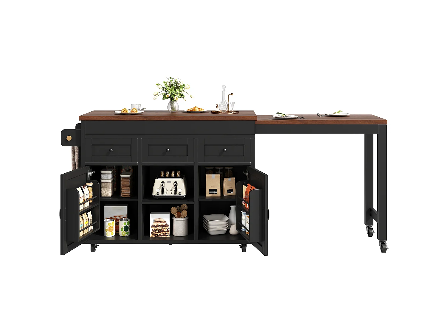 Isola da cucina estensibile 131-210 cm, tavolo bar con 3 cassetti e 2 armadietti - nero