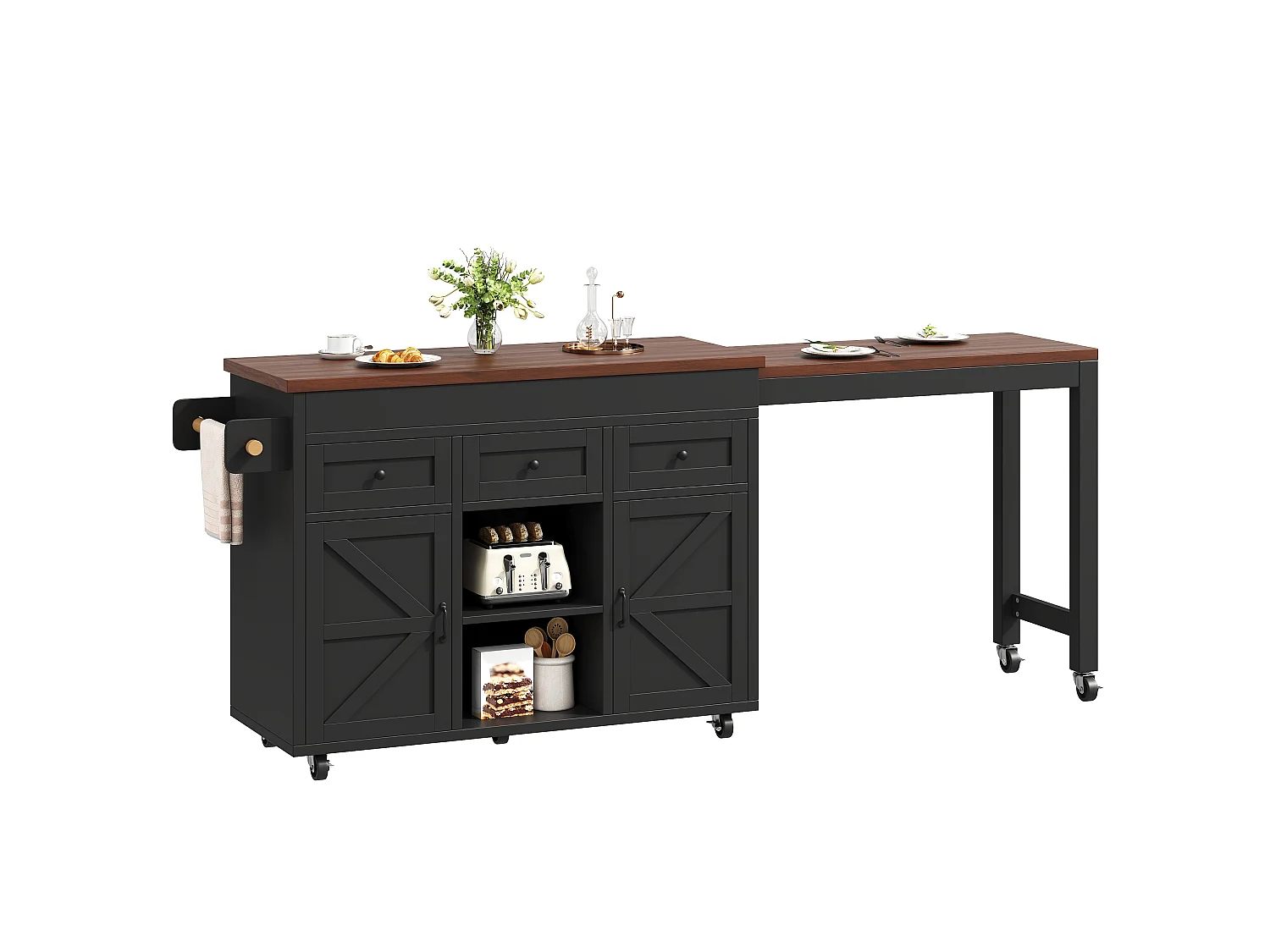 Isola da cucina estensibile 131-210 cm, tavolo bar con 3 cassetti e 2 armadietti - nero