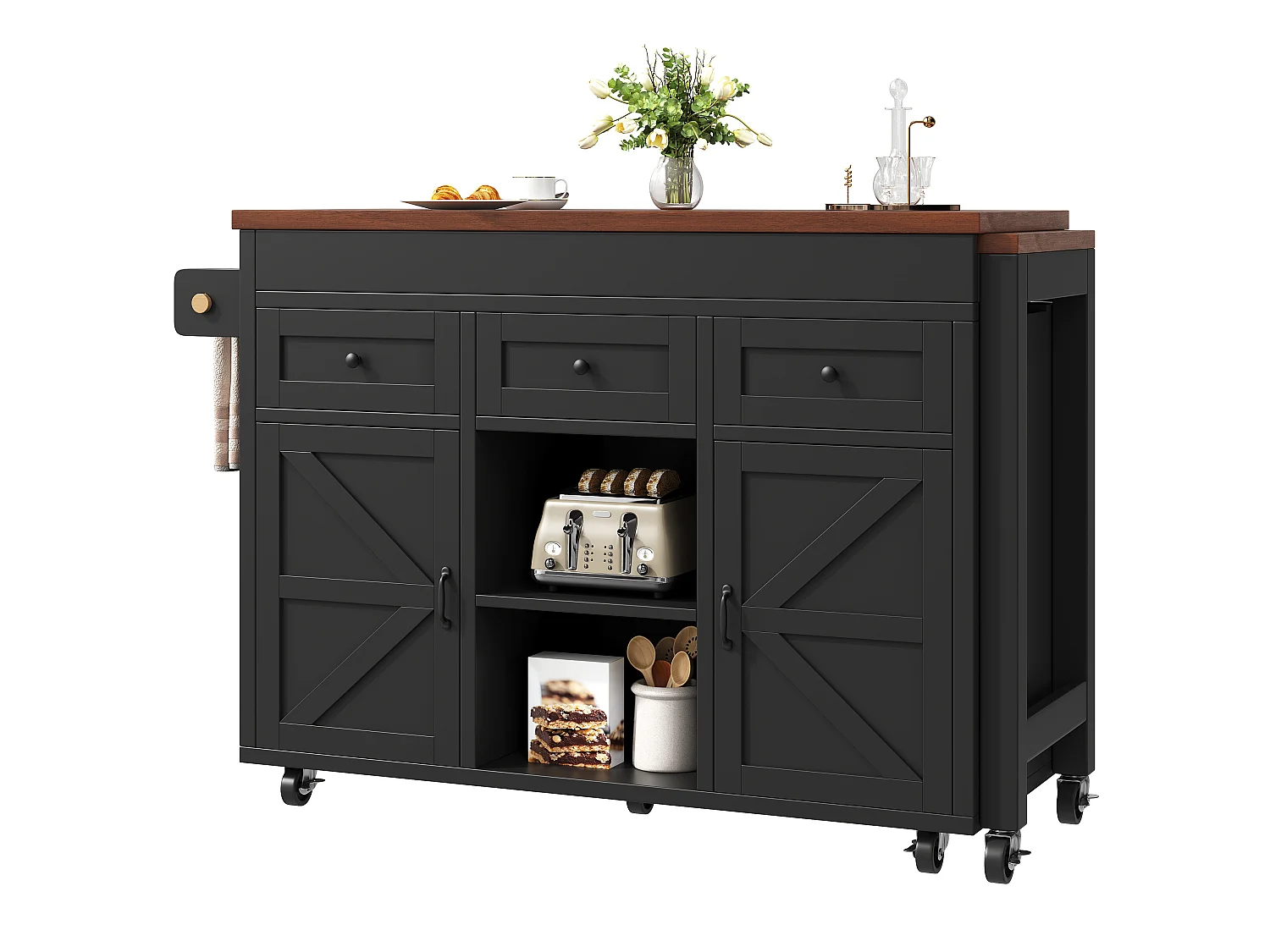 Isola da cucina estensibile 131-210 cm, tavolo bar con 3 cassetti e 2 armadietti - nero