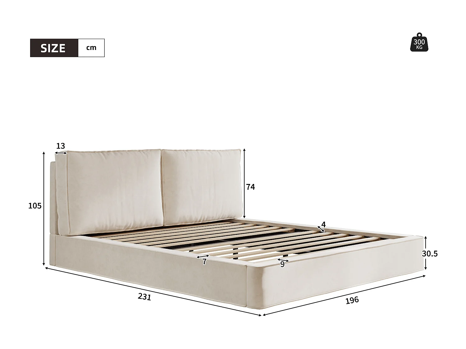 Lit double capitonné 180x200 cm - avec sommier à lattes - Tissu chenille - Beige (Matelas non inclus)