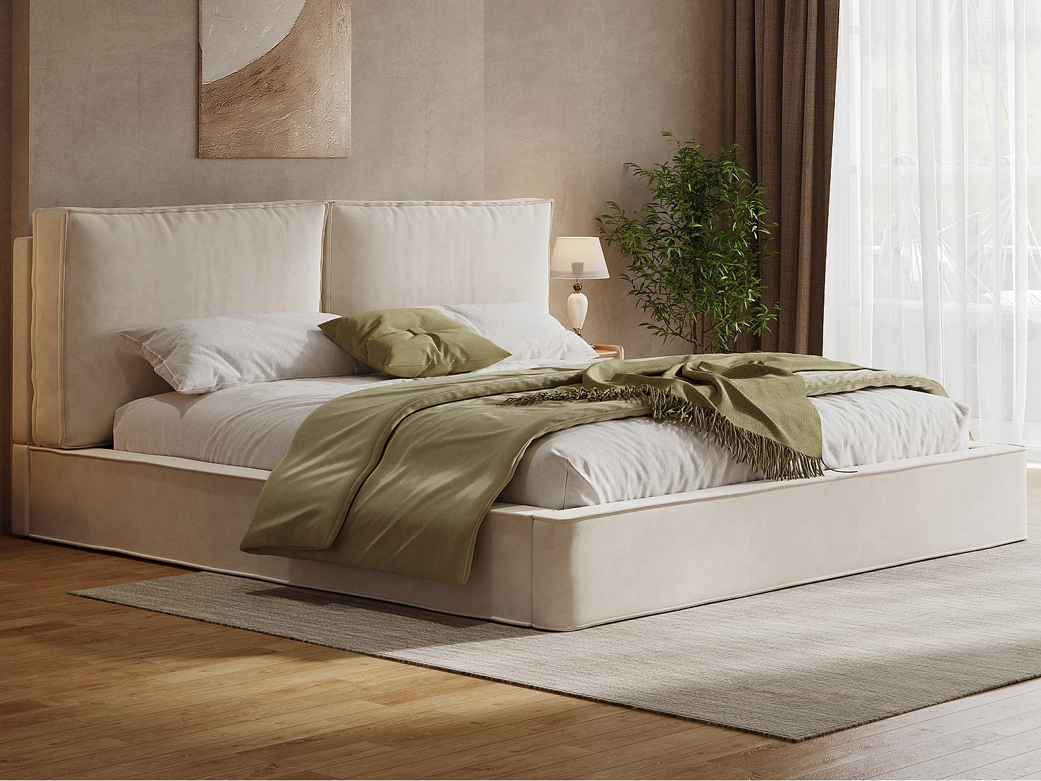 Lit double capitonné 180x200 cm - avec sommier à lattes - Tissu chenille - Beige (Matelas non inclus)