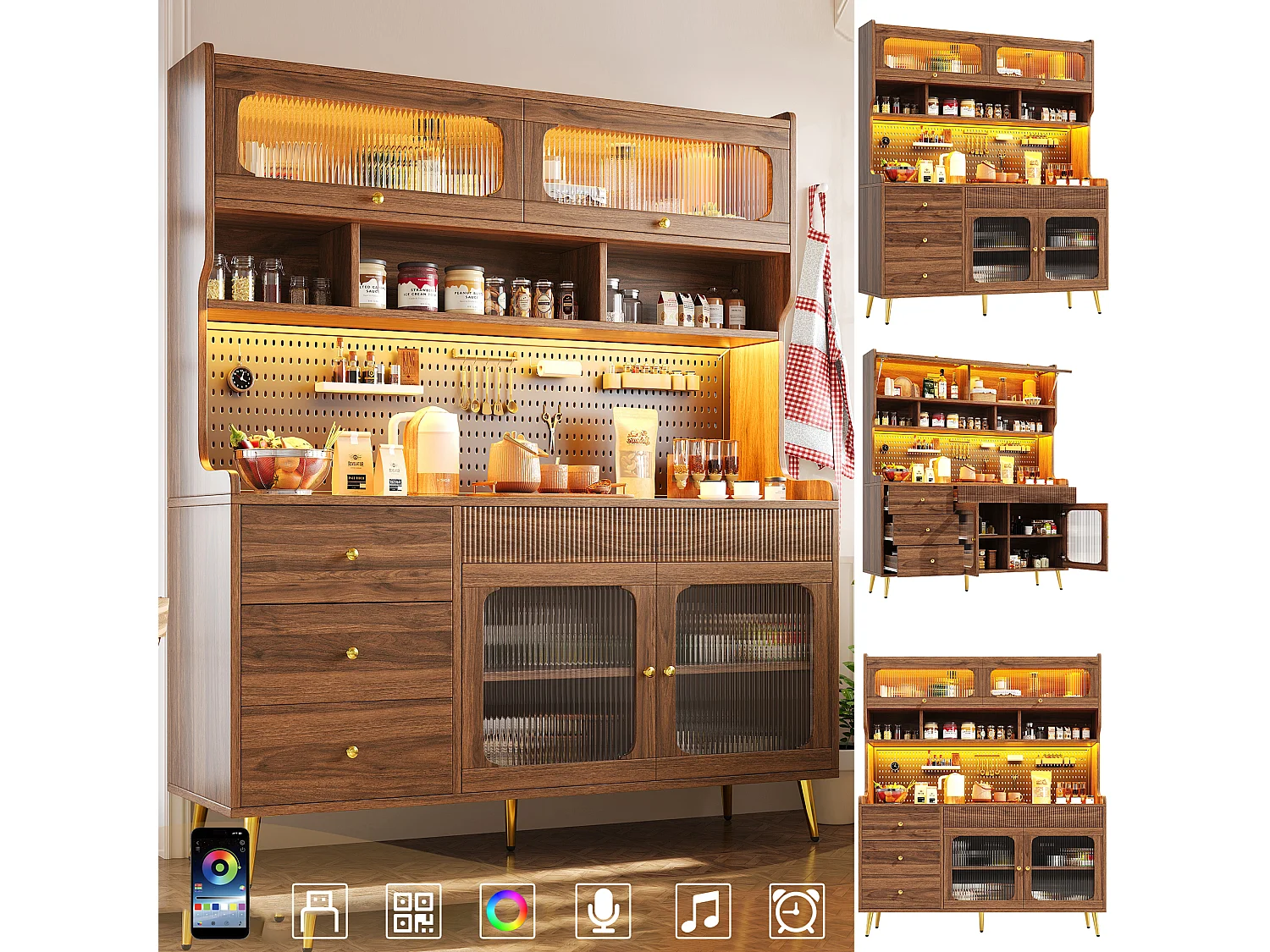 Slim keukendressoir - hoge kast in walnoot met LED, klepdeuren, glas en geperforeerd paneel - retrostijl