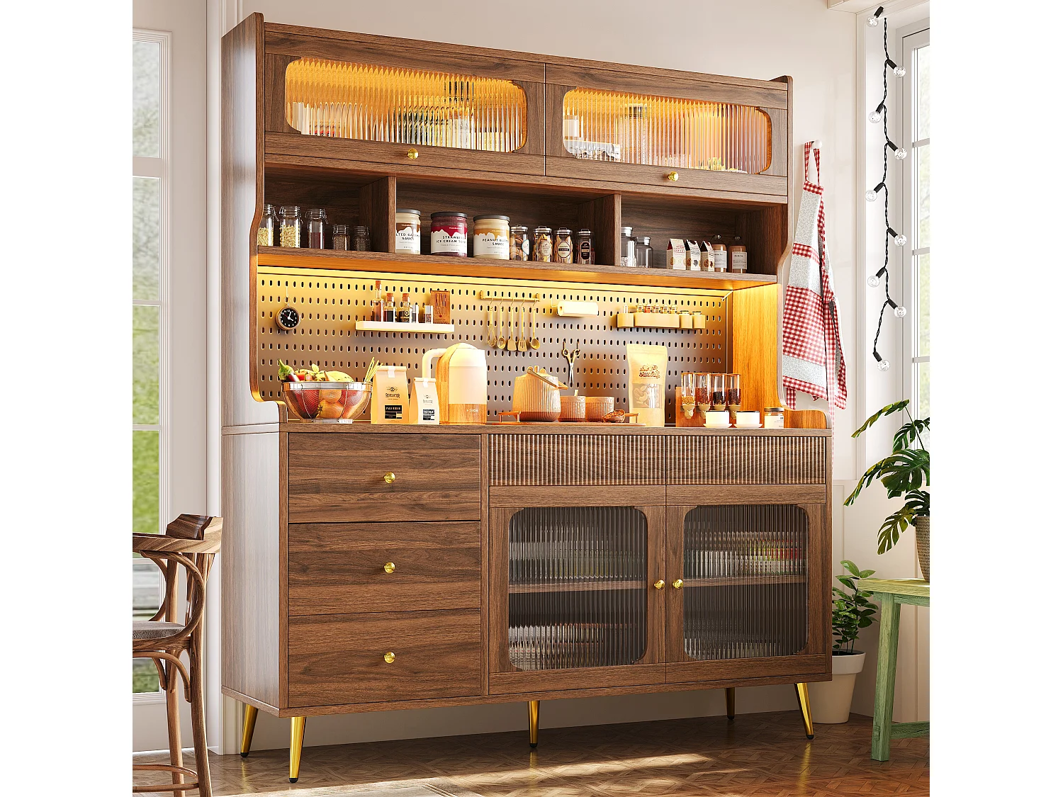 Slim keukendressoir - hoge kast in walnoot met LED, klepdeuren, glas en geperforeerd paneel - retrostijl