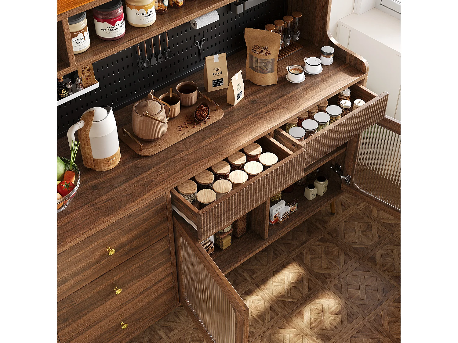 Slim keukendressoir - hoge kast in walnoot met LED, klepdeuren, glas en geperforeerd paneel - retrostijl