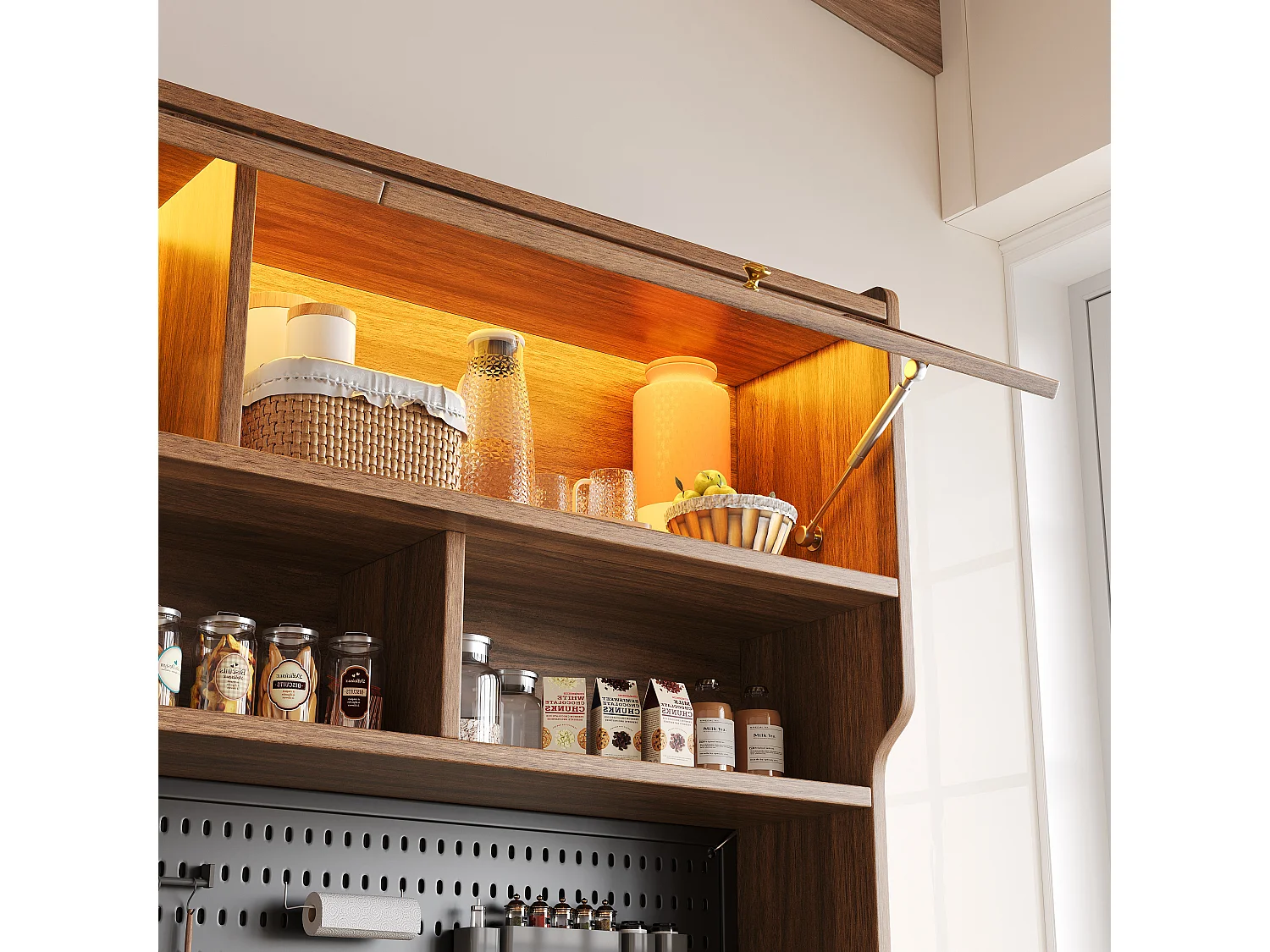 Slim keukendressoir - hoge kast in walnoot met LED, klepdeuren, glas en geperforeerd paneel - retrostijl