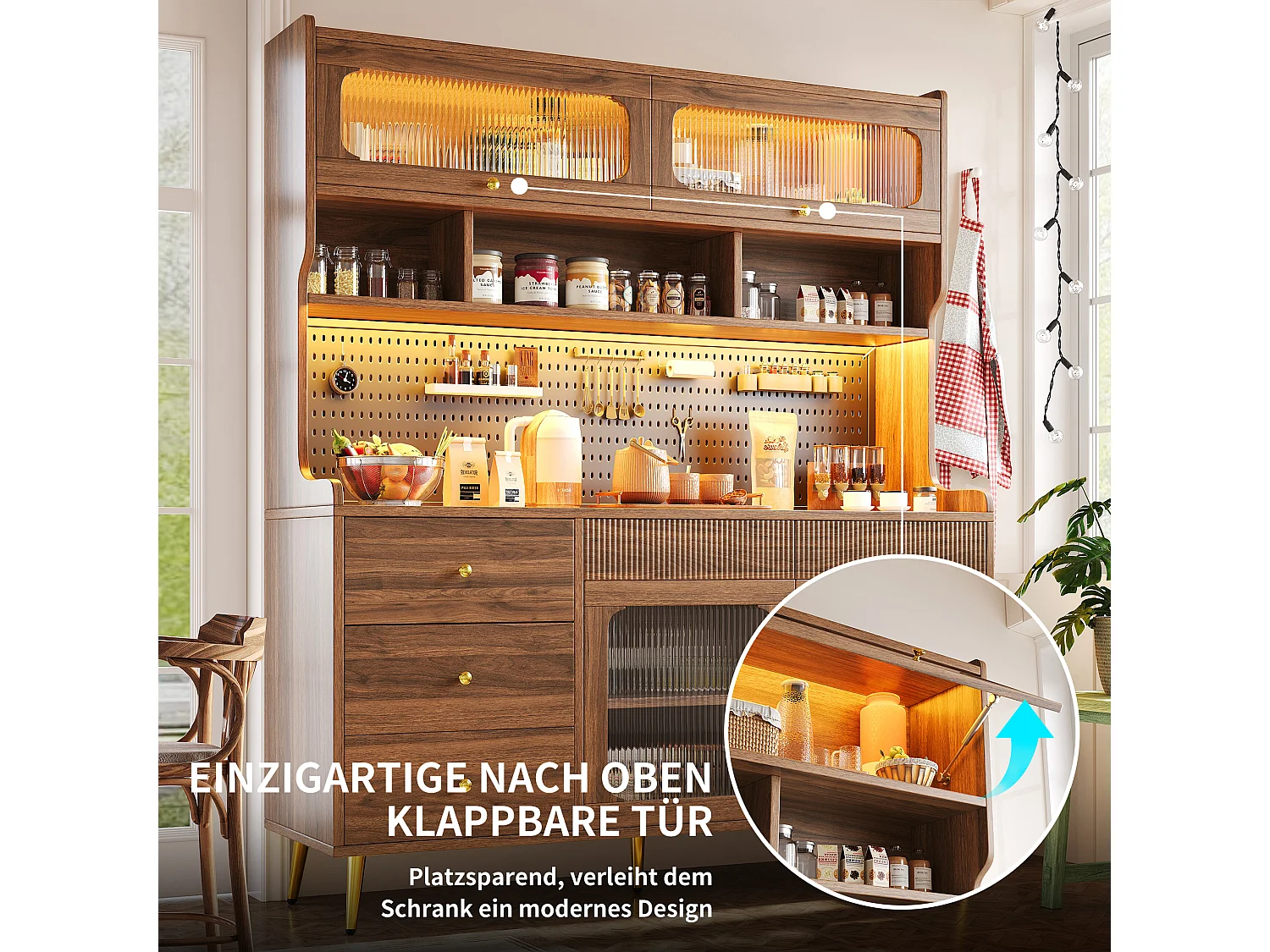 Slim keukendressoir - hoge kast in walnoot met LED, klepdeuren, glas en geperforeerd paneel - retrostijl