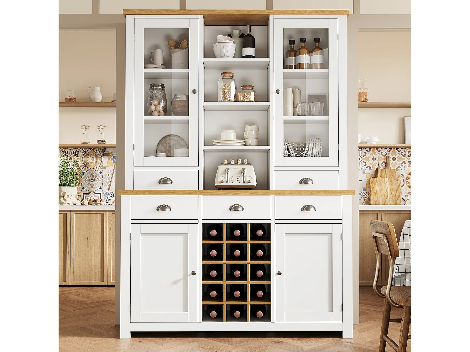 Credenza da cucina 120x185cm con 5 cassetti e portabottiglie rimovibile, armadio alto con anta in vetro - bianco