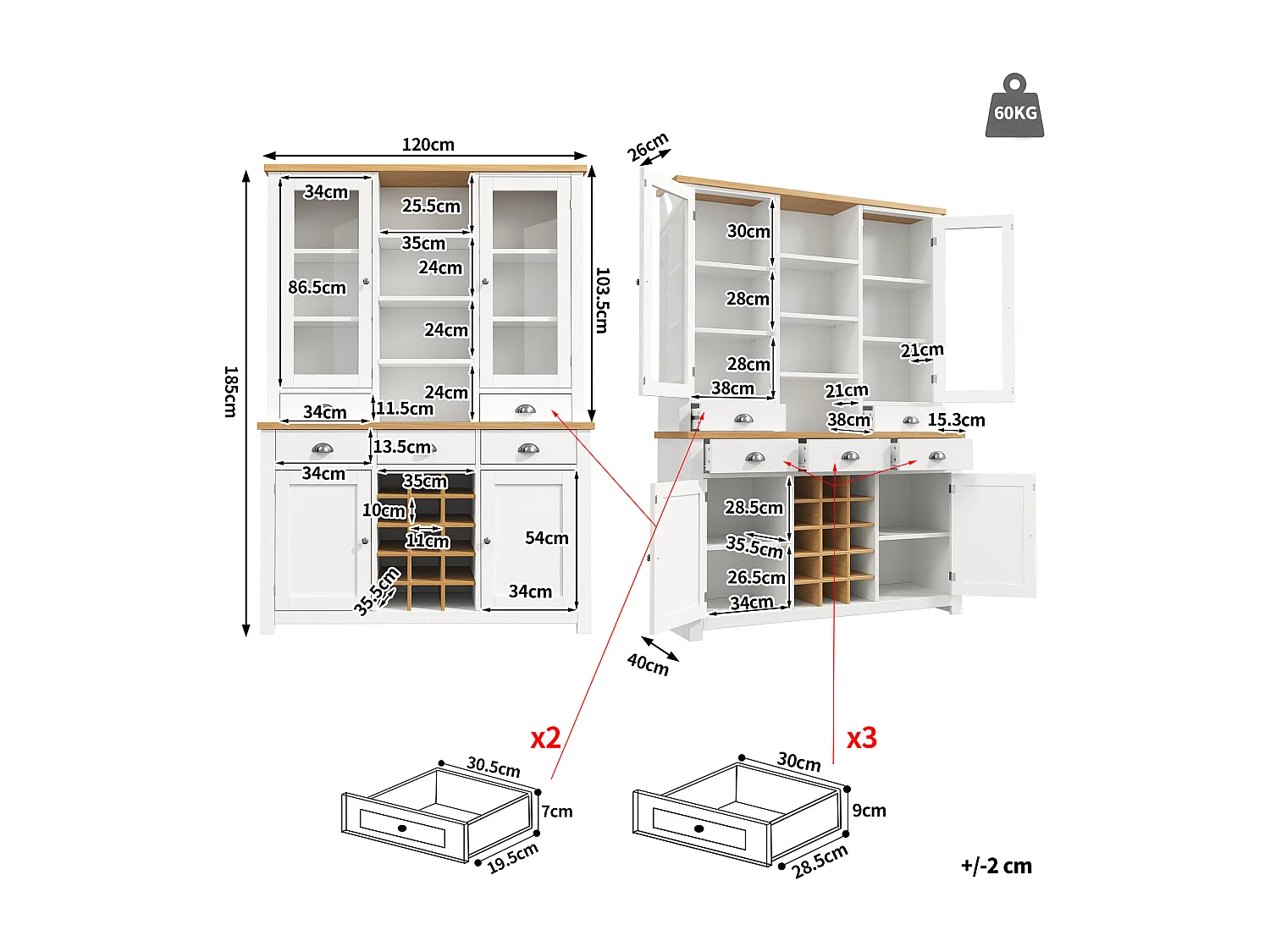 Credenza da cucina 120x185cm con 5 cassetti e portabottiglie rimovibile, armadio alto con anta in vetro - bianco