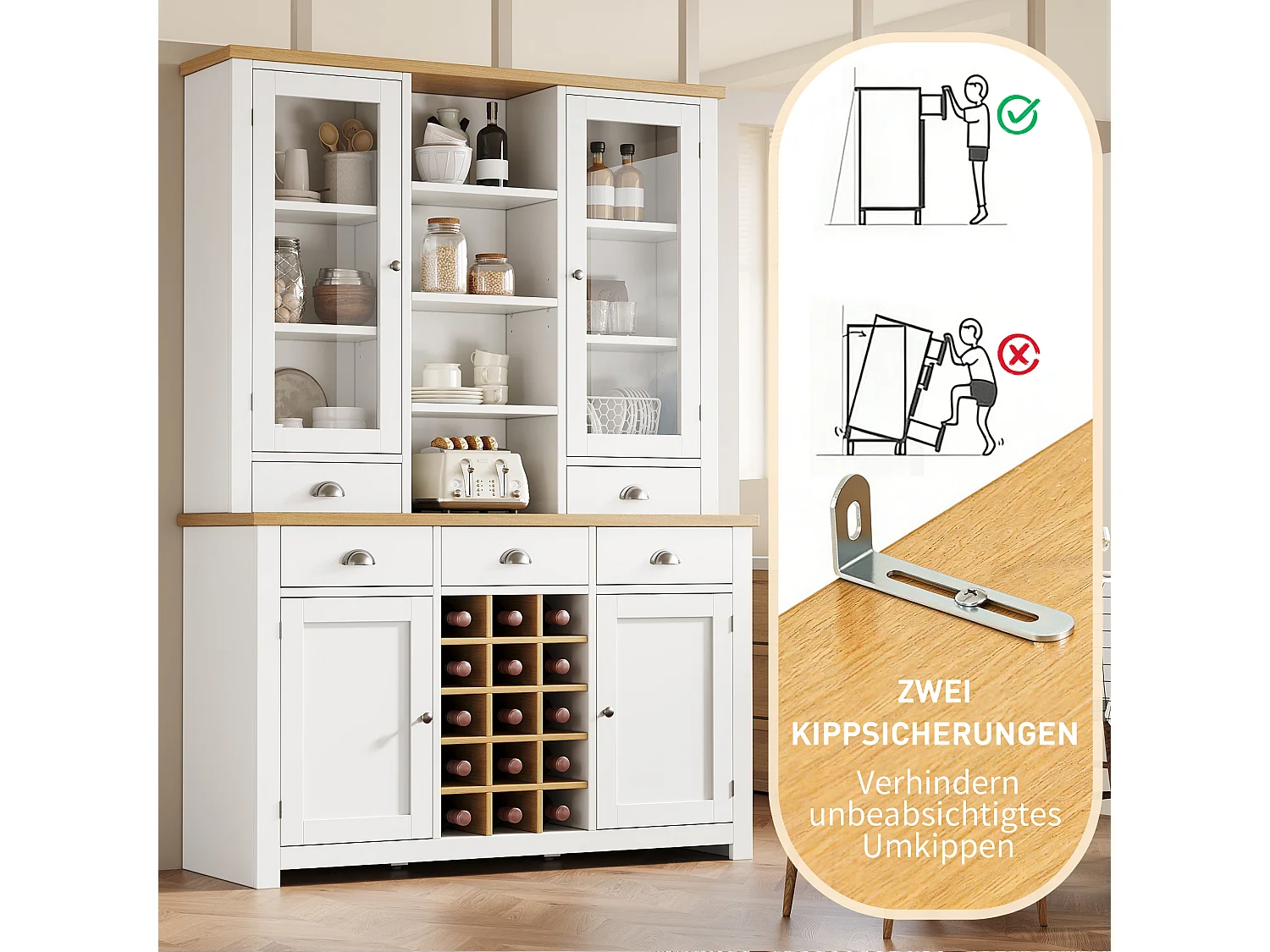 Credenza da cucina 120x185cm con 5 cassetti e portabottiglie rimovibile, armadio alto con anta in vetro - bianco