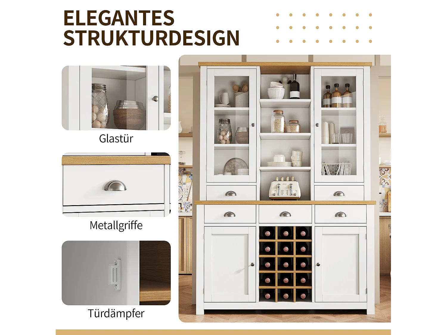 Credenza da cucina 120x185cm con 5 cassetti e portabottiglie rimovibile, armadio alto con anta in vetro - bianco