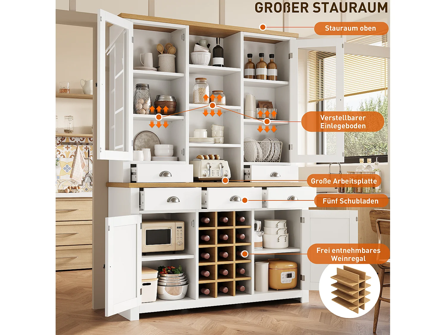 Credenza da cucina 120x185cm con 5 cassetti e portabottiglie rimovibile, armadio alto con anta in vetro - bianco