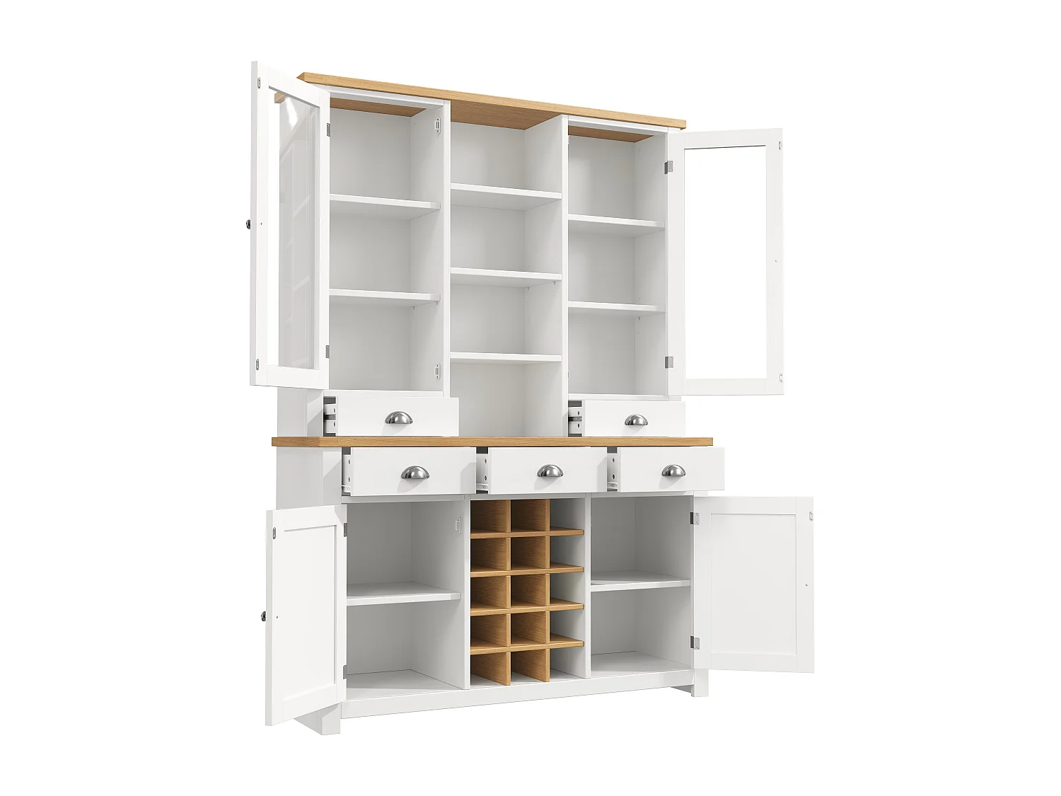 Credenza da cucina 120x185cm con 5 cassetti e portabottiglie rimovibile, armadio alto con anta in vetro - bianco