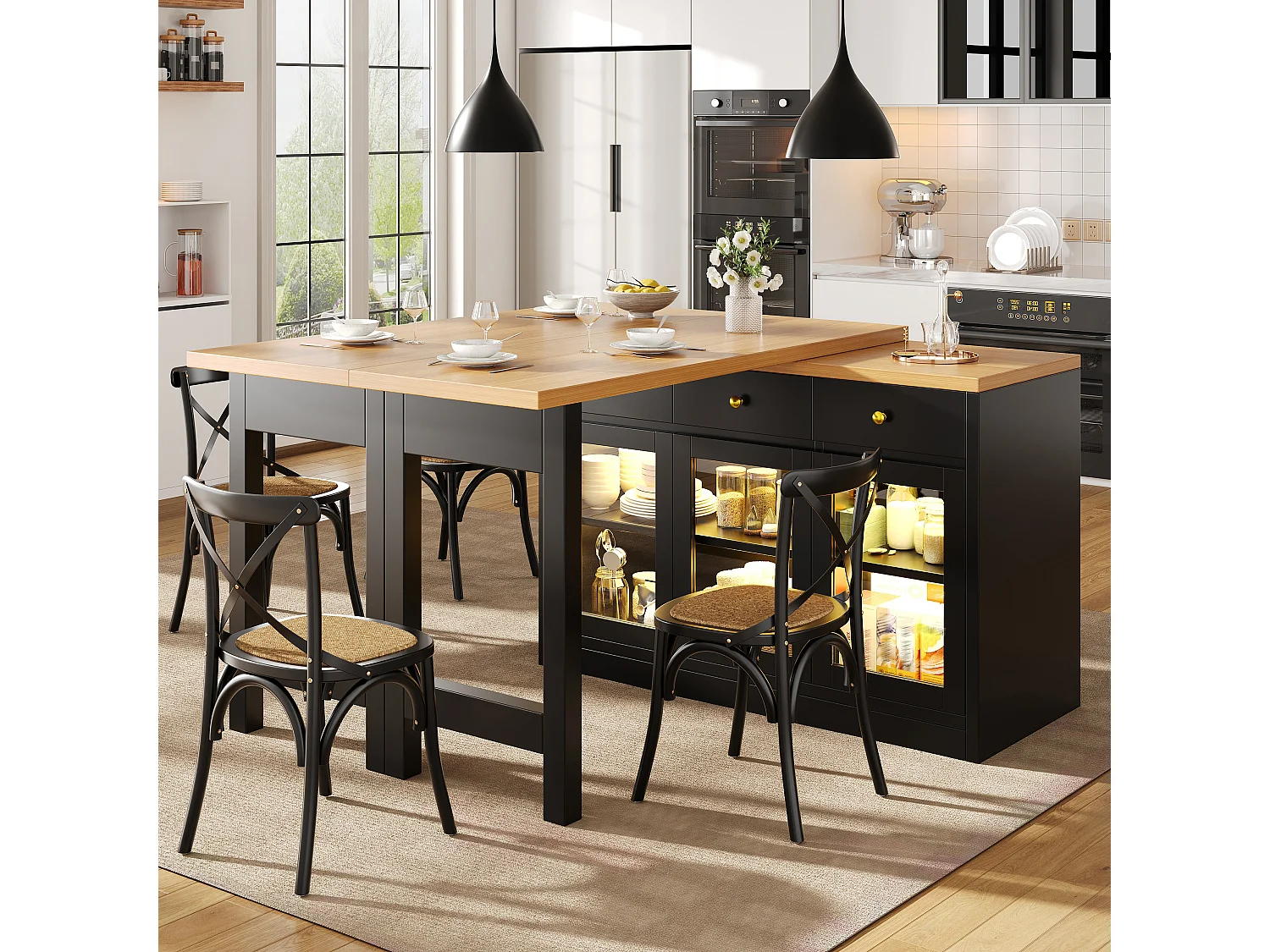 Ausziehbare Kücheninsel 120-200 cm mit LED, modularer Esstisch mit 3 Soft-Close-Schubladen und Glastüren - schwarz
