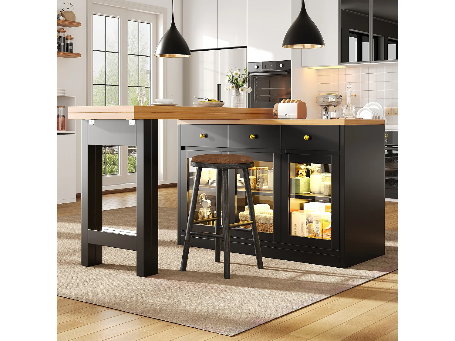 Ausziehbare Kücheninsel 120-200 cm mit LED, modularer Esstisch mit 3 Soft-Close-Schubladen und Glastüren - schwarz